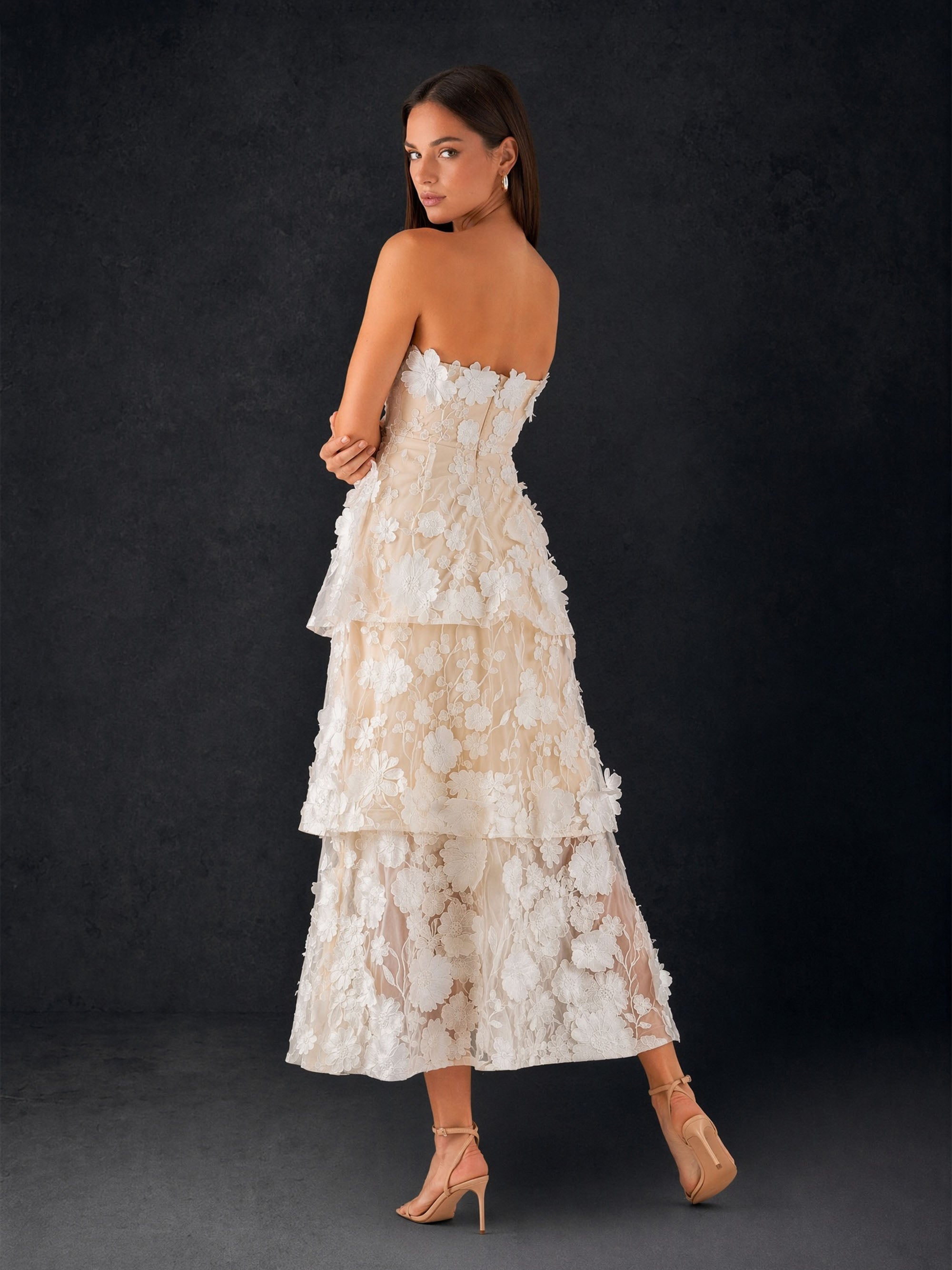 BOLODOO Champagne Ivory 3D Floral Lace Strapless Tiered Ruffle Tea Length Dress - Front Upper Body Close Up showing 3D Floral and Sweetheart Neckline Detail