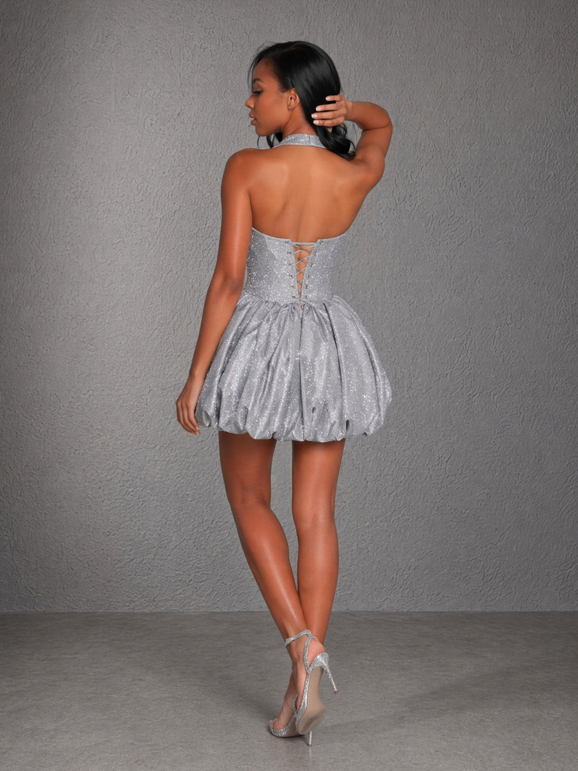 BOLODOO Silver Glitter Halter Neck Bubble Mini Dress - Back View showing Lace-Up Open Back