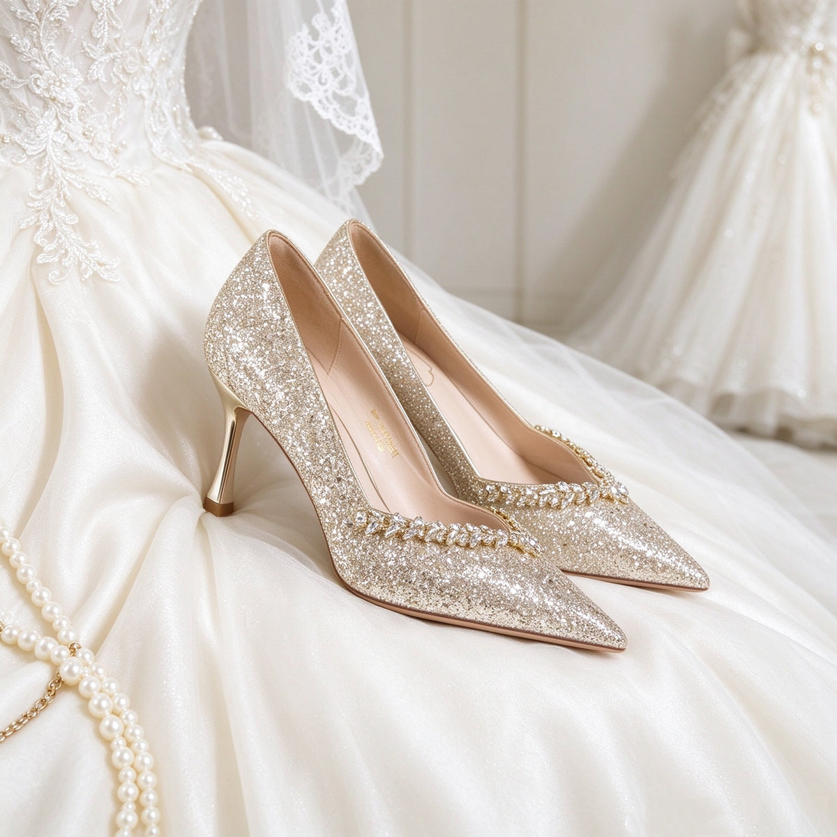 BOLODOO EE0010 champagne gold wedding heels styled beside an ivory bridal gown
