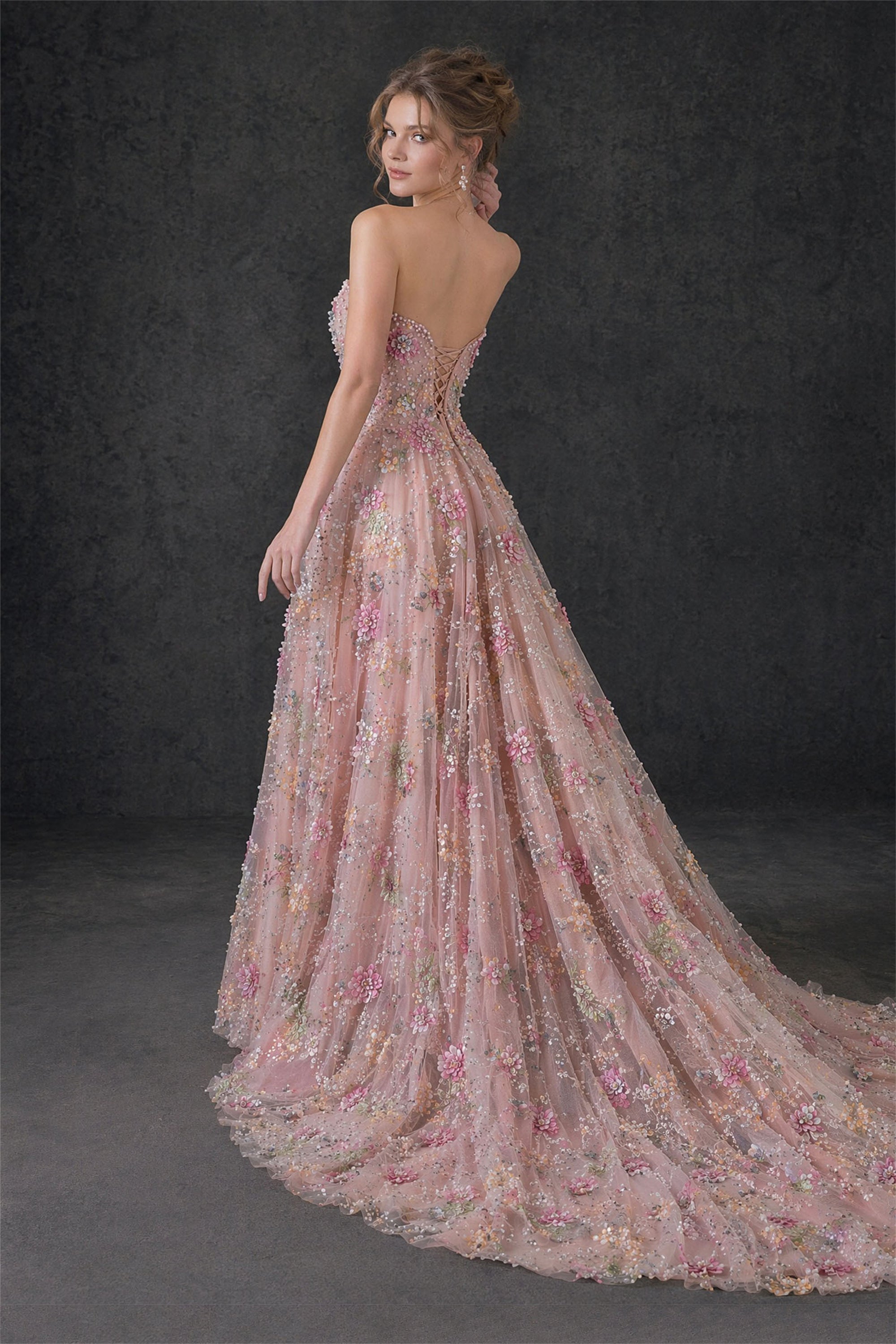 BOLODOO blush pink multicolor 3D floral pearl sequin embroidered tulle strapless sweetheart ball gown - back view showing lace-up open back and train