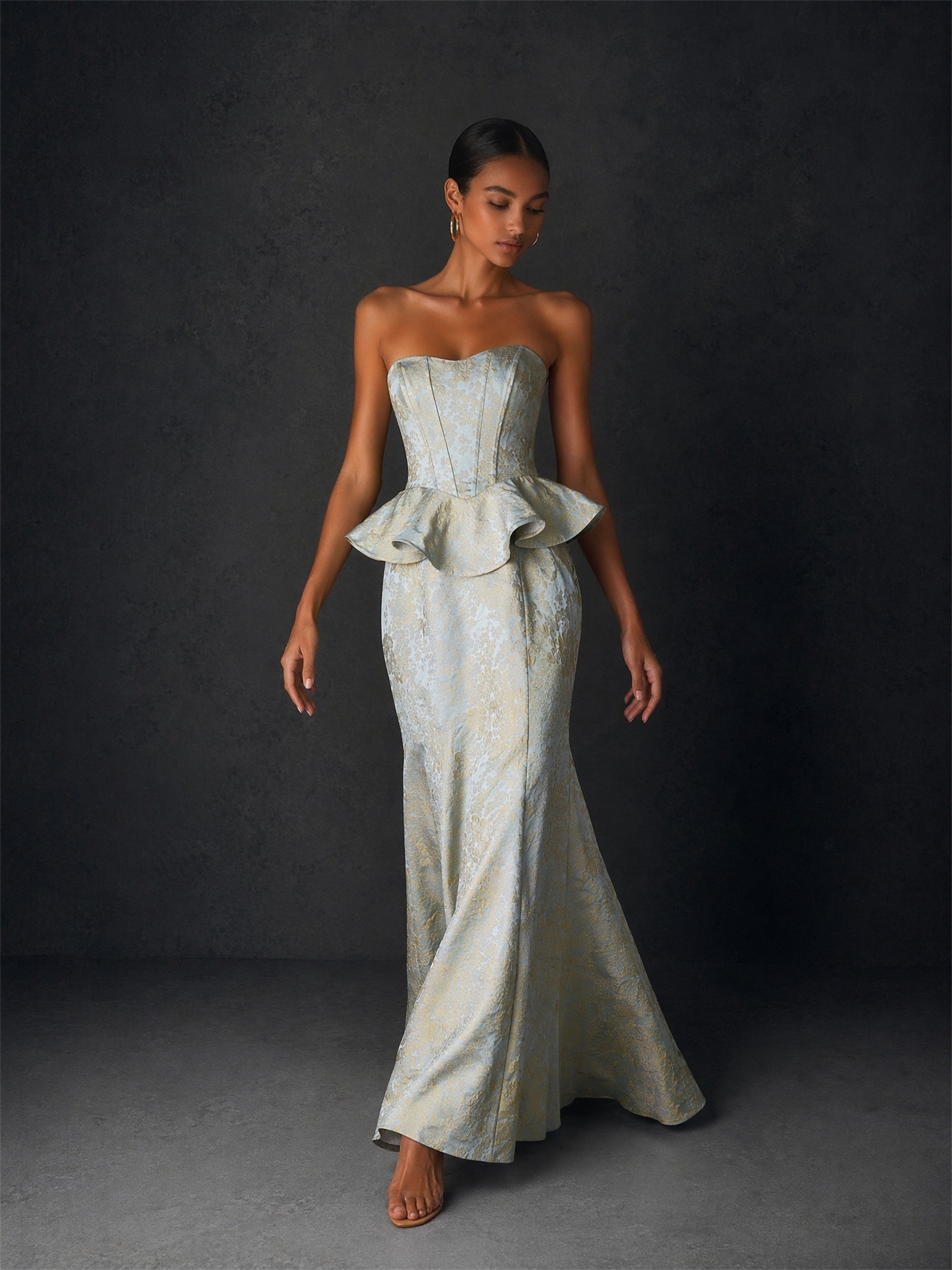 BOLODOO ice blue gold jacquard strapless peplum mermaid gown - front full body view showing complete silhouette with peplum waist and floor-length mermaid skirt