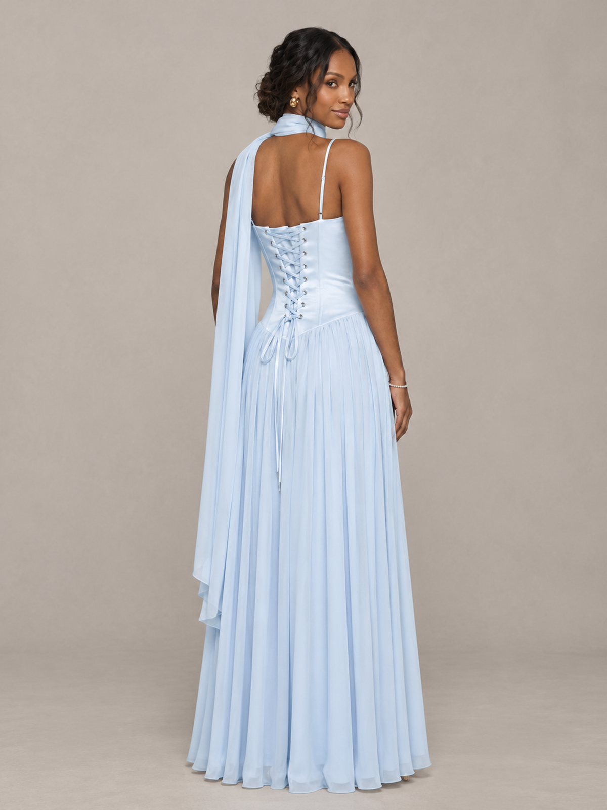BOLODOO Light Blue Corset Bridesmaid Dress with Scarf 