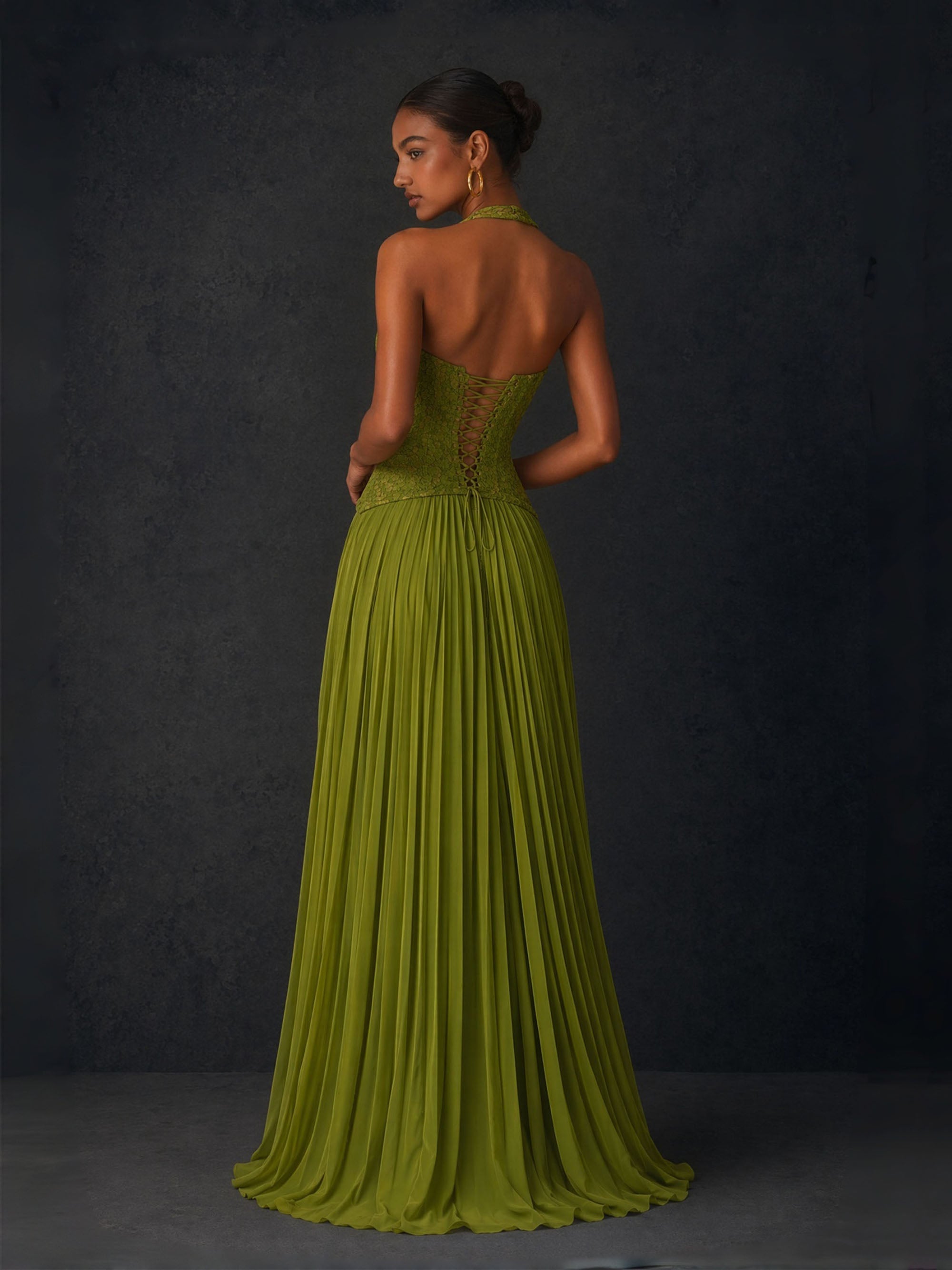 BOLODOO Olive Green Lace Corset Deep V Halter Pleated Chiffon Maxi Dress - Back View showing Open Back and Corset Lace-Up