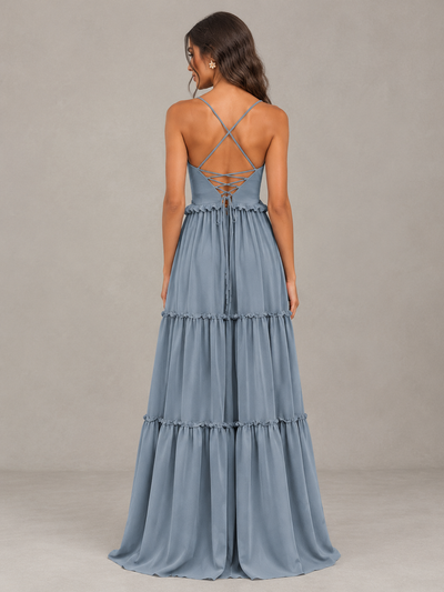 BOLODOO Dusty Blue Tiered V-Neck Lace-Up Back Bridesmaid Dress 