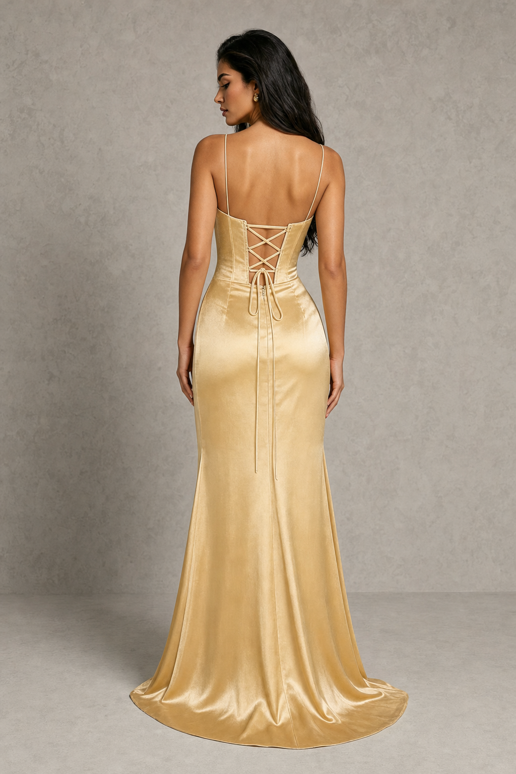 BOLODOO Gold Satin Corset Prom Dress with High Slit & Lace-Up Back 