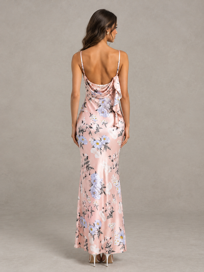 BOLODOO Blush Pink Floral Satin Bridesmaid Dress with Cowl Back 