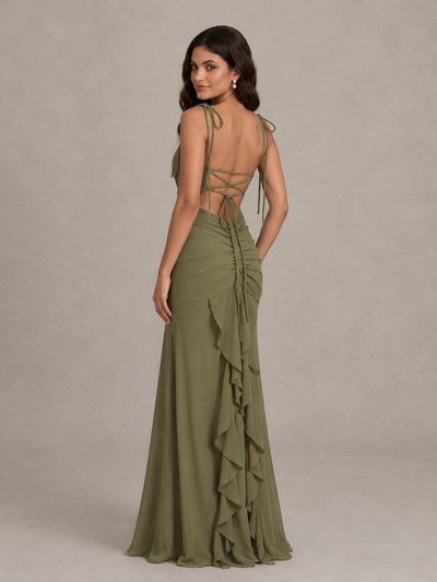 BOLODOO Olive Green Tie-Strap Ruched Open-Back Bridesmaid Dress 
