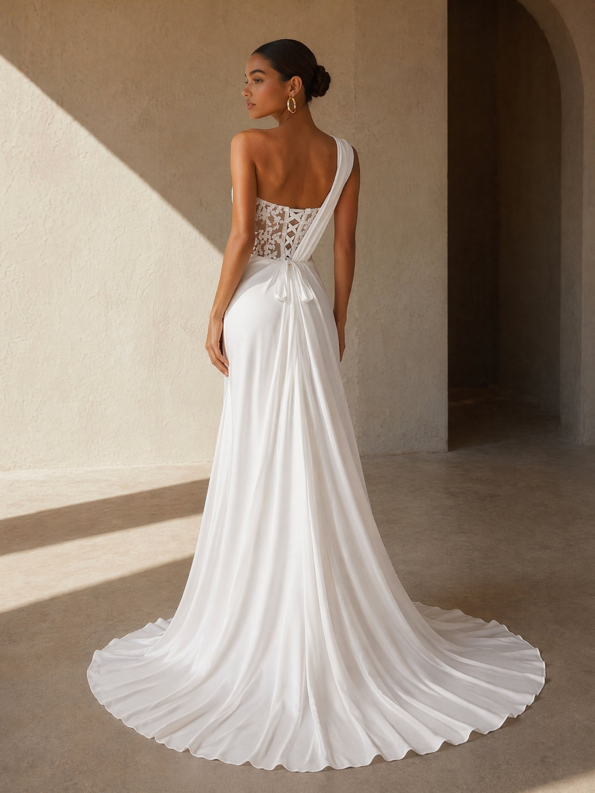 BOLODOO Ivory One-Shoulder Satin Sheer Lace Corset Waist Open Back High Slit Mermaid Wedding Dress - Front Full Length View Showing High Slit and Sweep Train