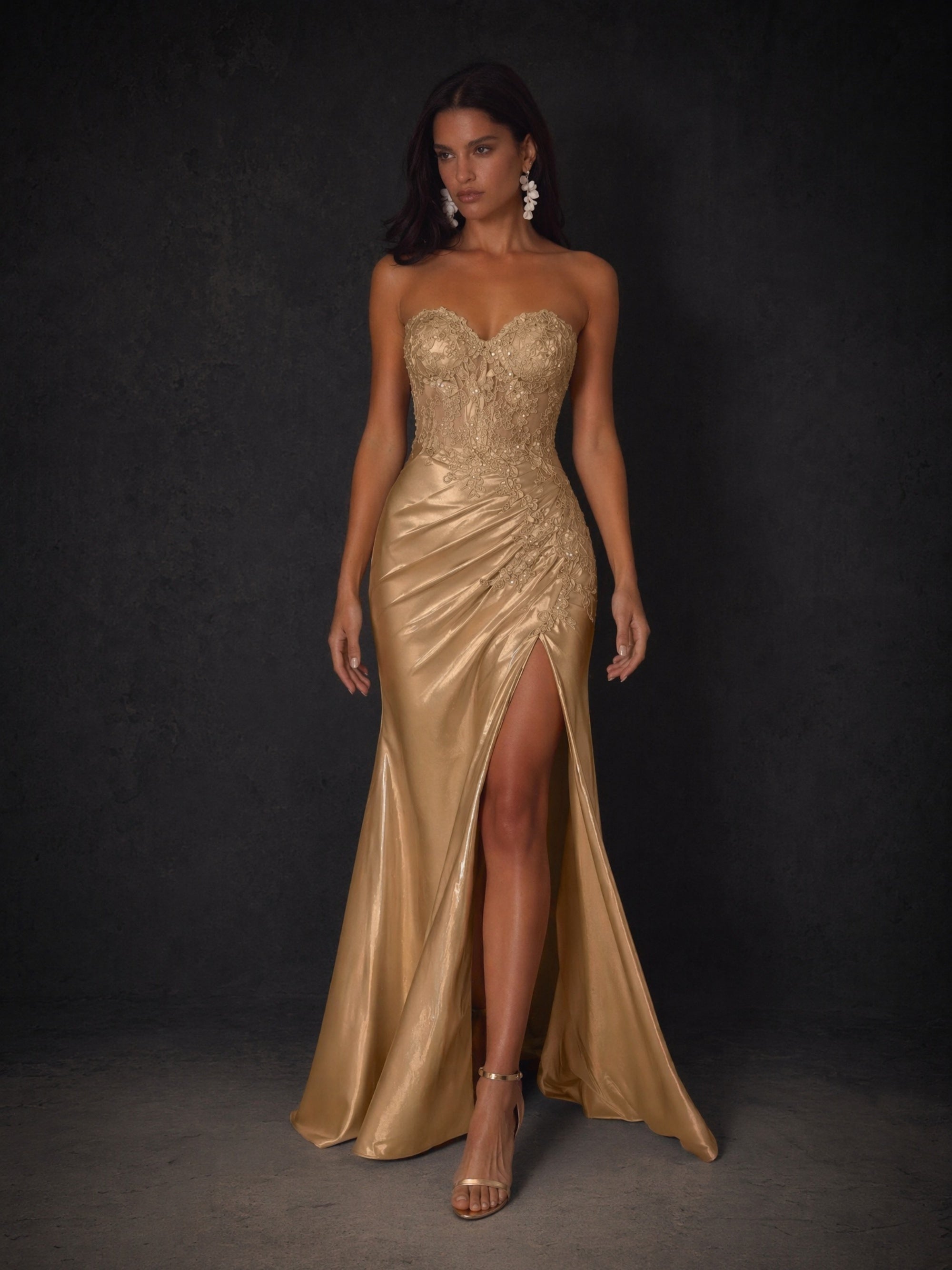 BOLODOO Champagne Gold Satin Sweetheart Lace Corset Bodice High Slit Lace-Up Back Mermaid Maxi Dress - Front Full Length Standing View Showing High Front Slit