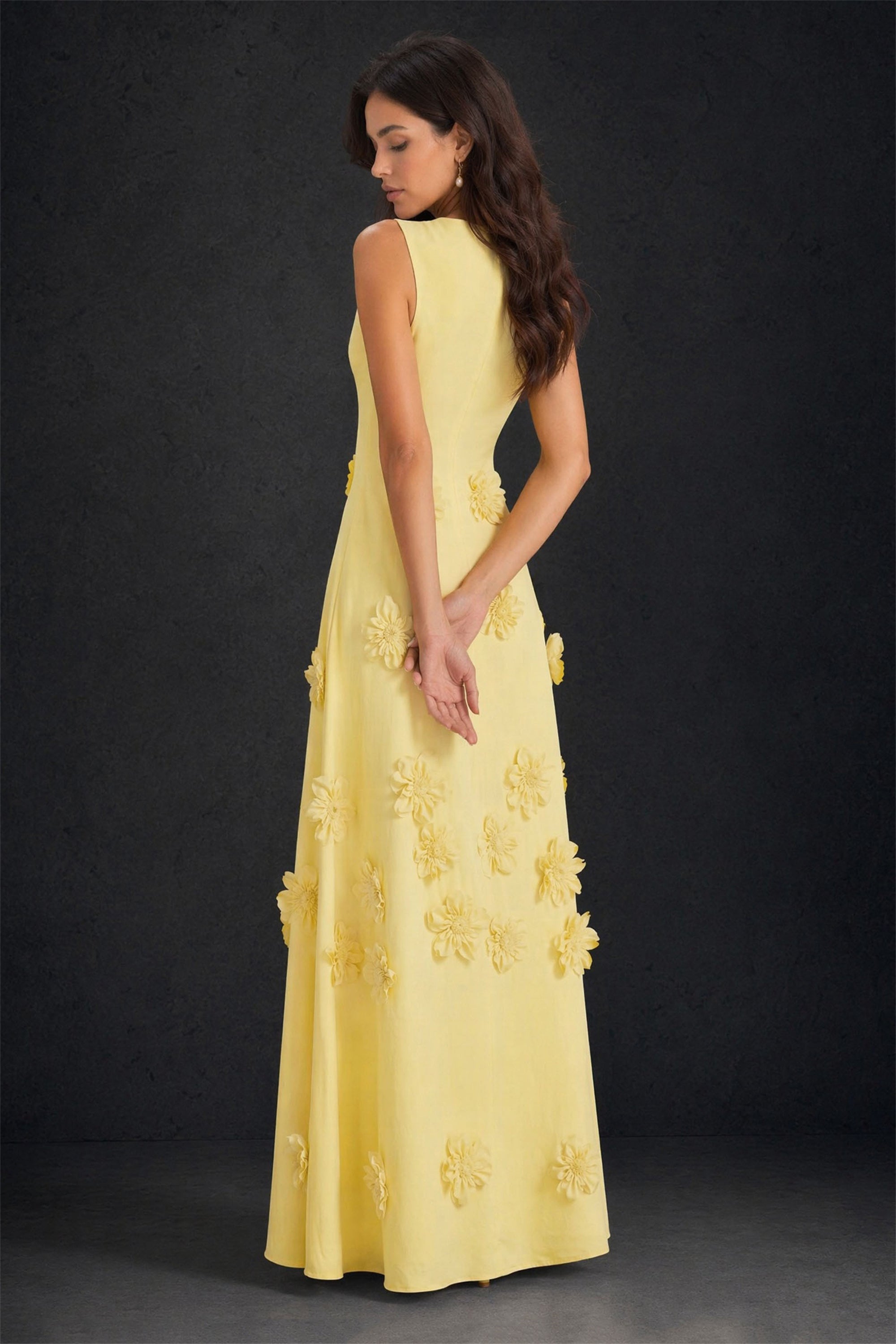 BOLODOO lemon yellow chiffon 3D daisy floral applique round neck sleeveless A-line maxi dress - side three-quarter view looking down