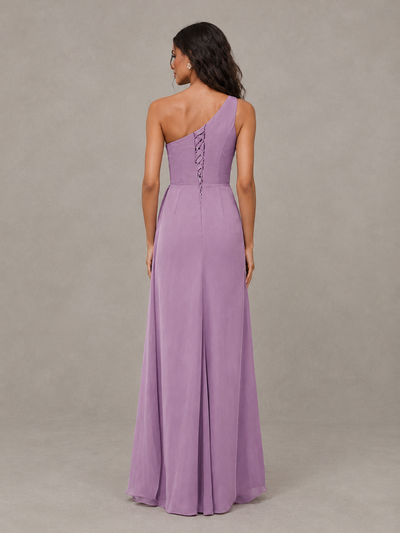 BOLODOO Dusty Purple One-Shoulder Chiffon Bridesmaid Dress with Ruched Bodice & High Slit 