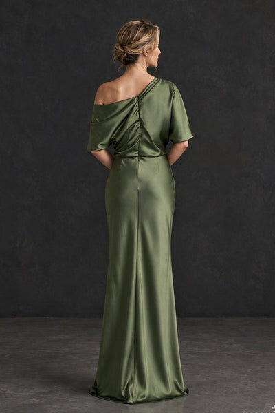 Back view of BOLODOO XX112 olive green gown with asymmetric neckline and center-back zipper