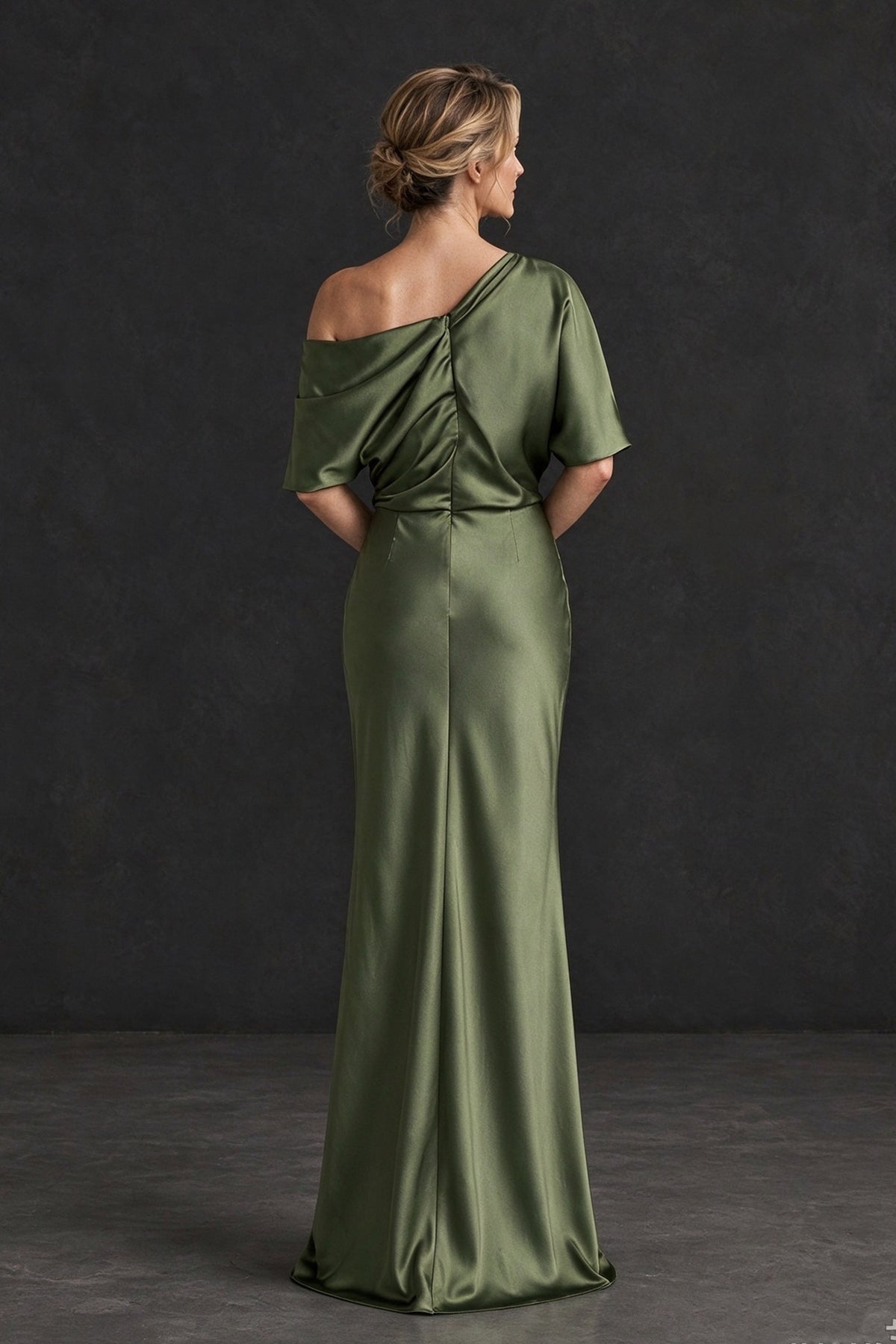 Back view of BOLODOO XX112 olive green gown with asymmetric neckline and center-back zipper