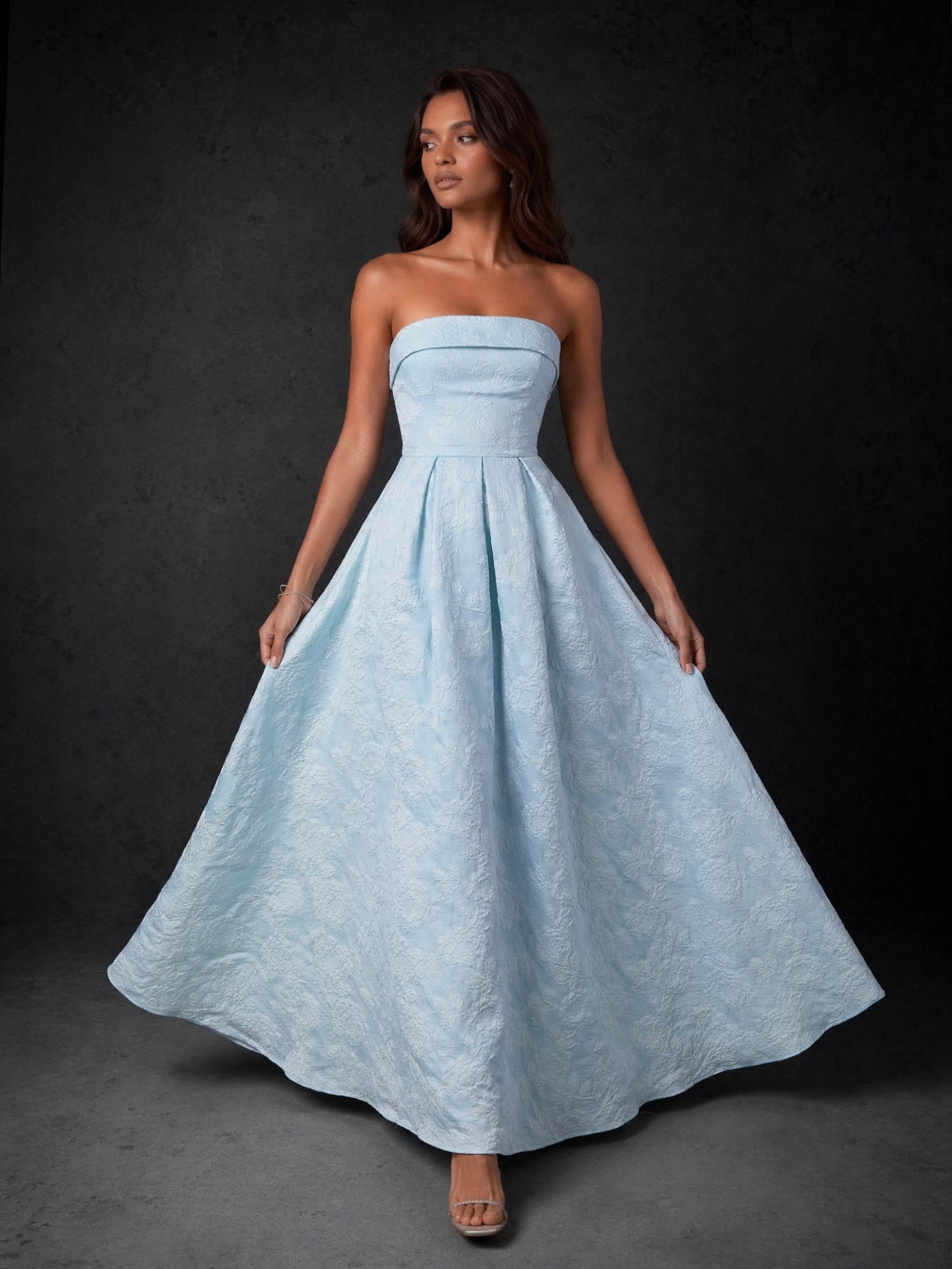 BOLODOO Sky Blue Floral Jacquard Strapless A-Line Ball Gown Maxi Dress - Front Full Length Static View