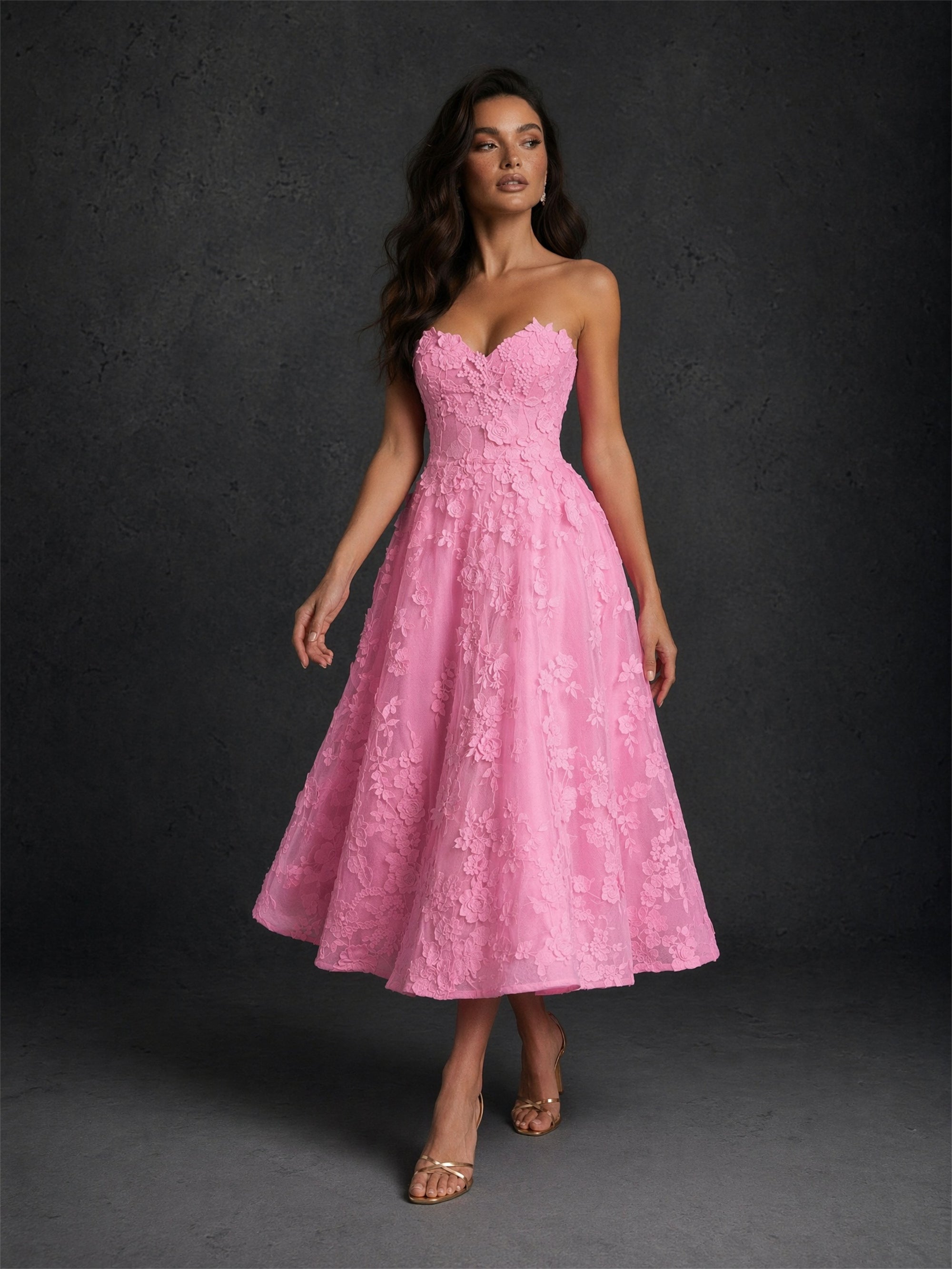 BOLODOO pink 3D floral lace strapless dress - front view showing full A-line silhouette and tea-length hem