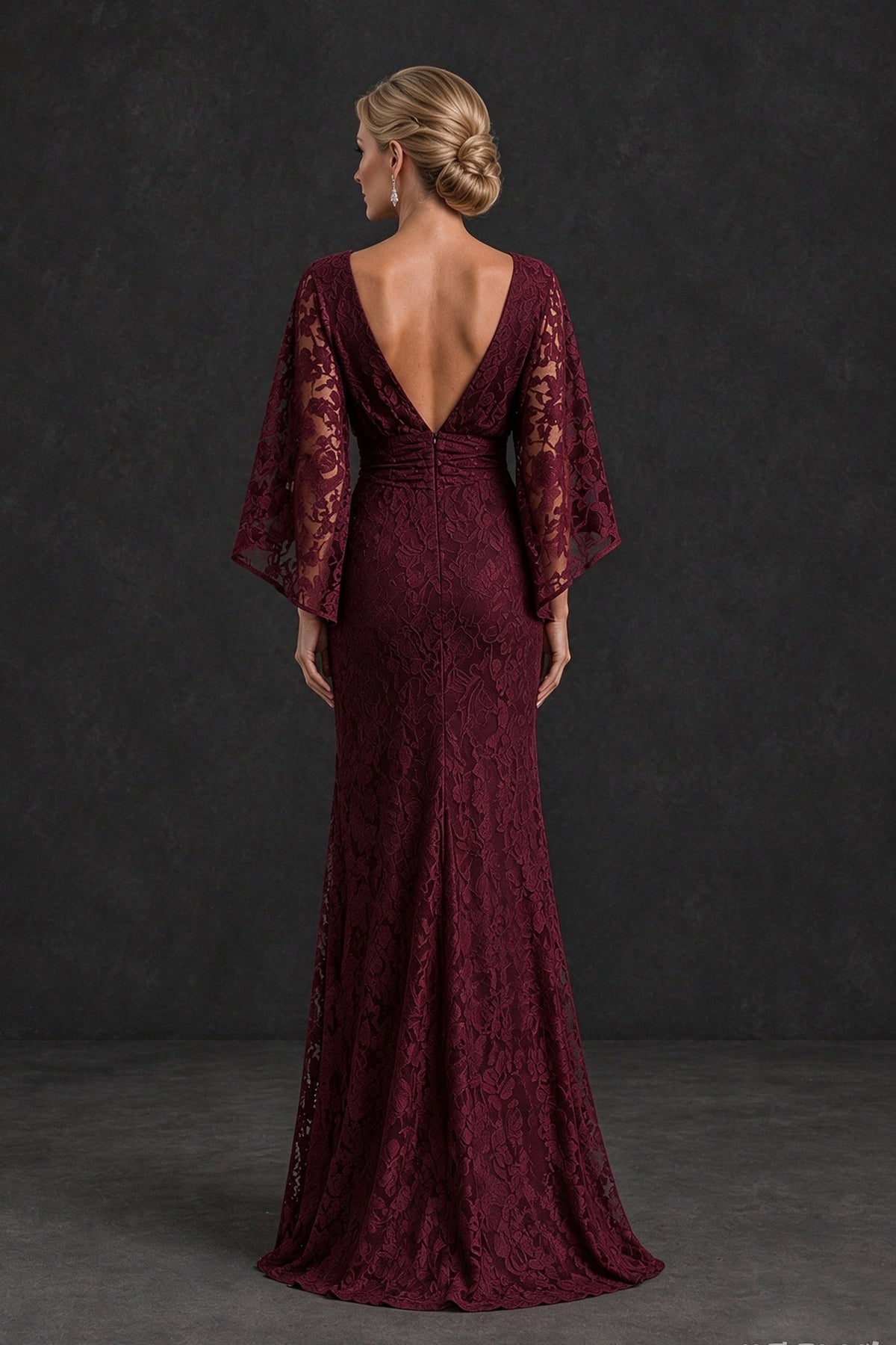 Back view of BOLODOO burgundy lace mother of the bride gown with deep V-back and zipper