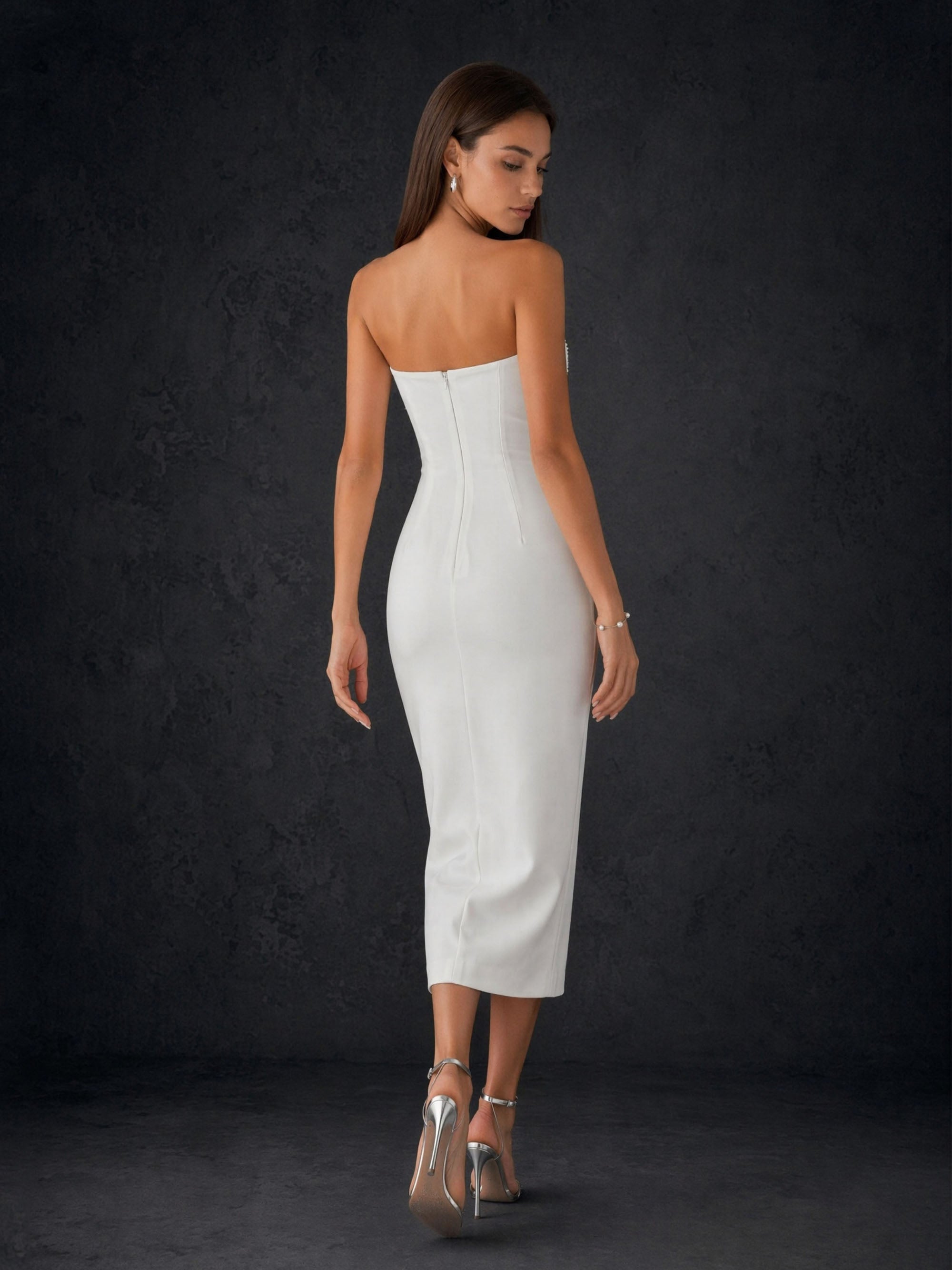 BOLODOO Ivory Strapless 3D Sculptural Petal Feather Embroidered Bodycon Midi Dress - Front Full Length Standing Straight View