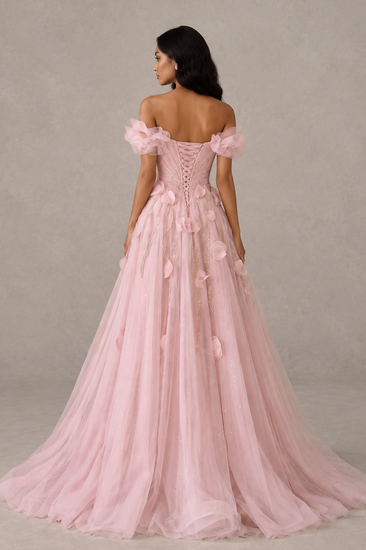 Back view of BOLODOO XX066 blush pink gown with exposed upper back, lace-up closure and trailing skirt