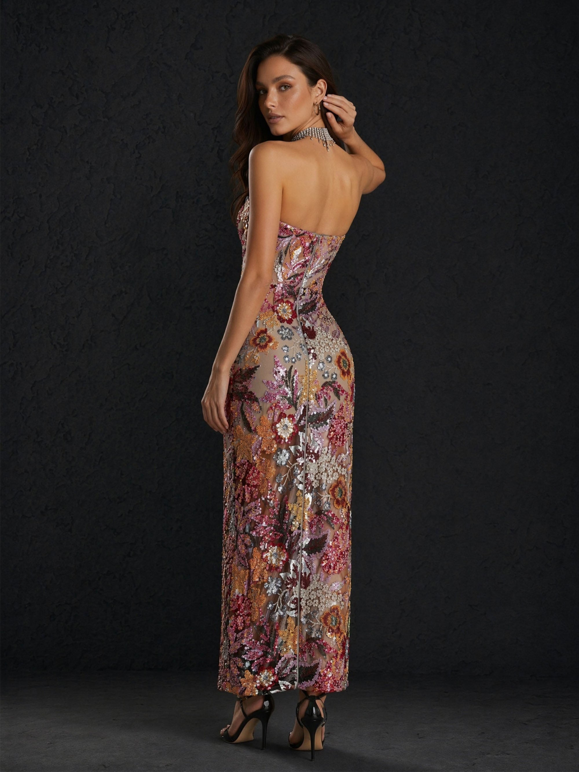 BOLODOO Multicolor Floral Sequin Beaded Embroidered Mesh Sweetheart Open Back Bodycon Midi Dress - Back View Showing Full Open Back Detail