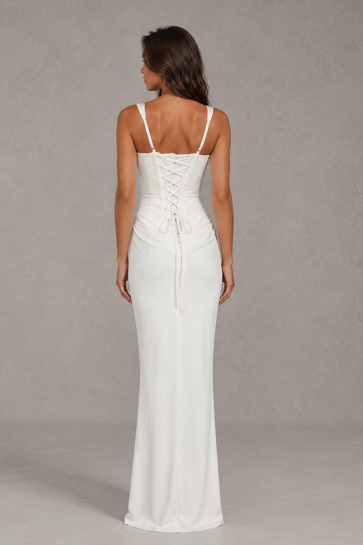 BOLODOO White Square-Neck Lace-Up Back Bridesmaid Dress 