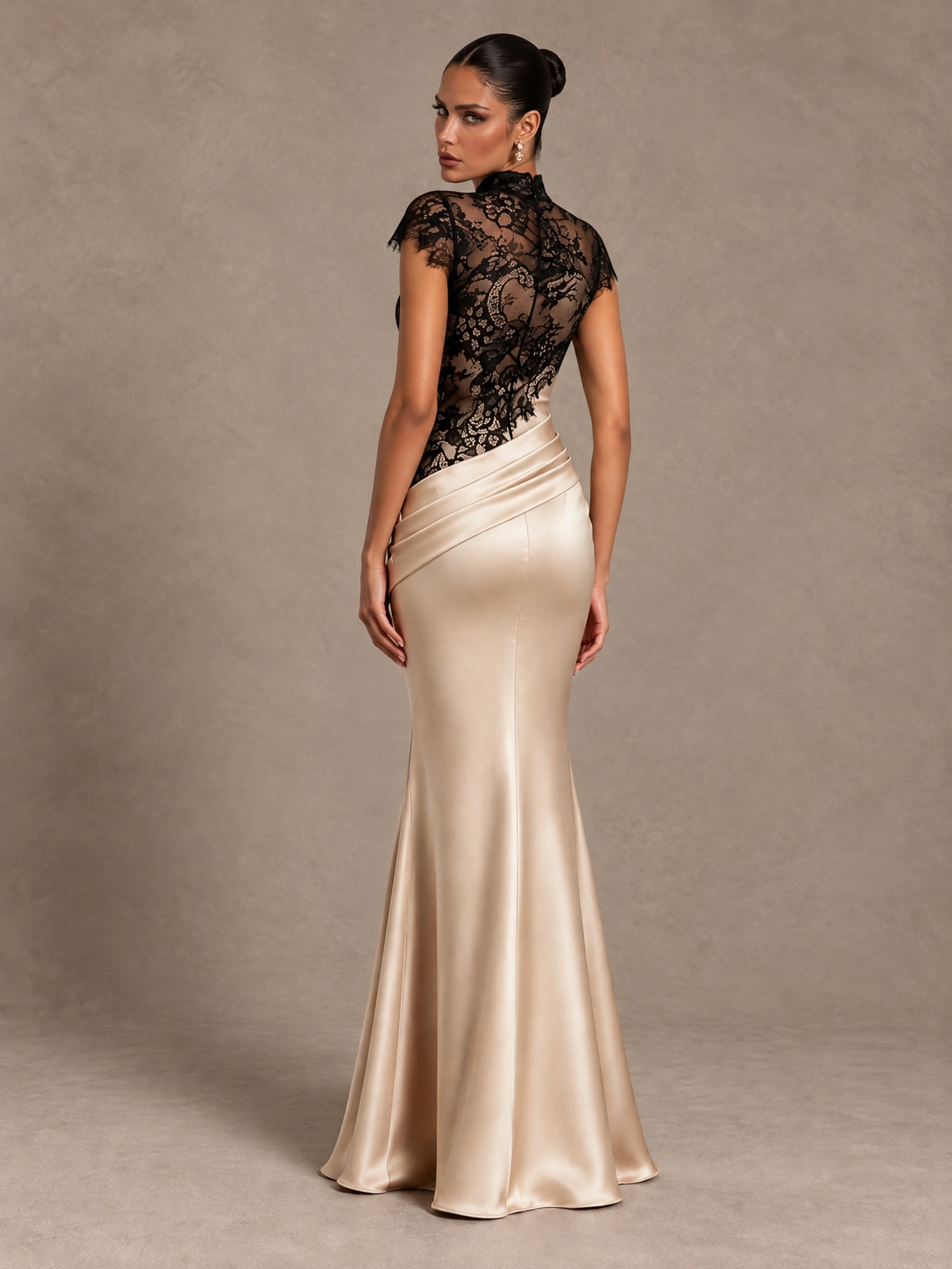 BOLODOO Champagne & Black Lace High Neck Mermaid Formal Dress 