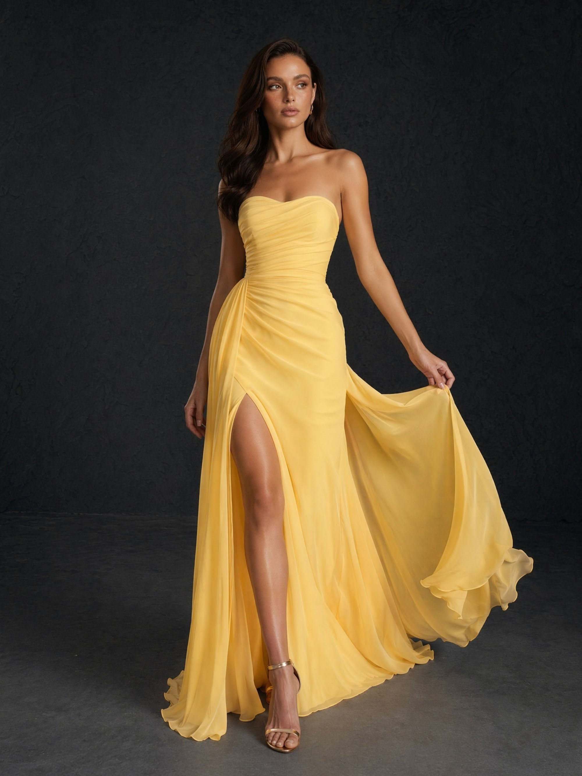 BOLODOO Yellow Chiffon Sweetheart Ruched Bodice Open Back High Slit A-Line Maxi Dress - Front Full Length Walking View Showing High Slit and Flowing Chiffon Skirt