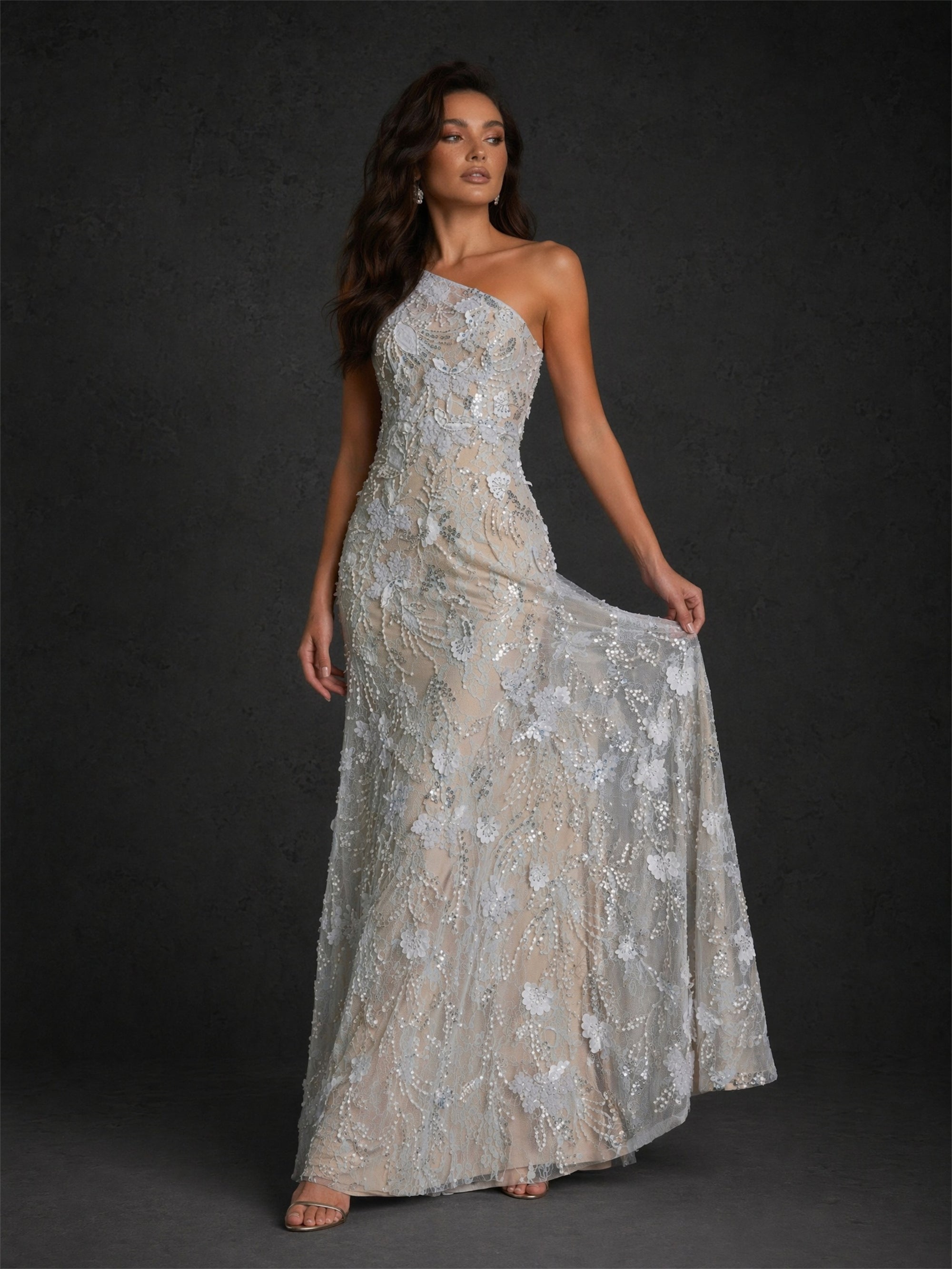 BOLODOO silver sequin lace maxi gown - front view with skirt lifted showing fit-and-flare silhouette and 3D floral applique detail