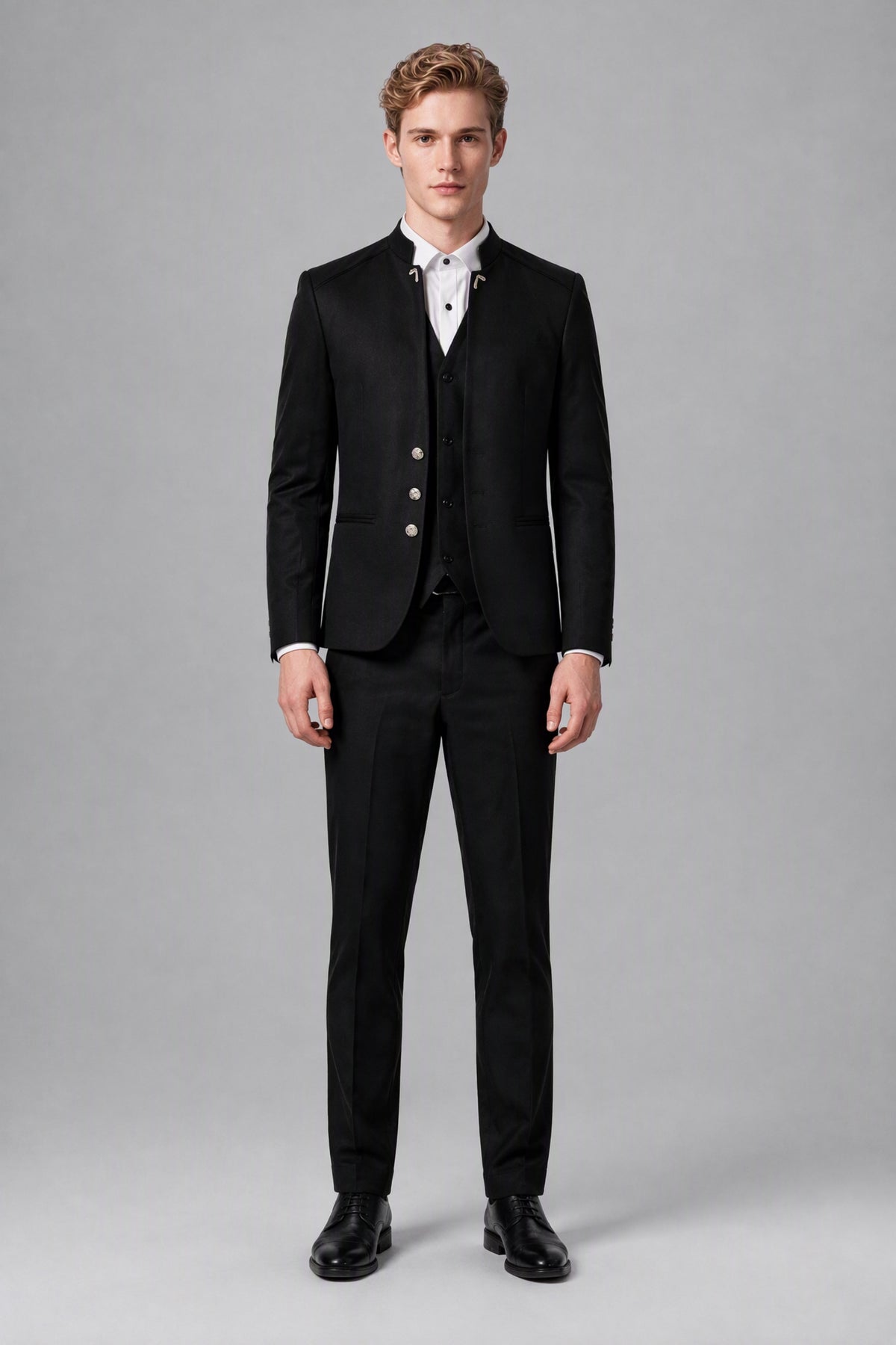 Bolodoo FQ1011 men's black three-piece suit with mandarin collar jacket and matching vest, full front view