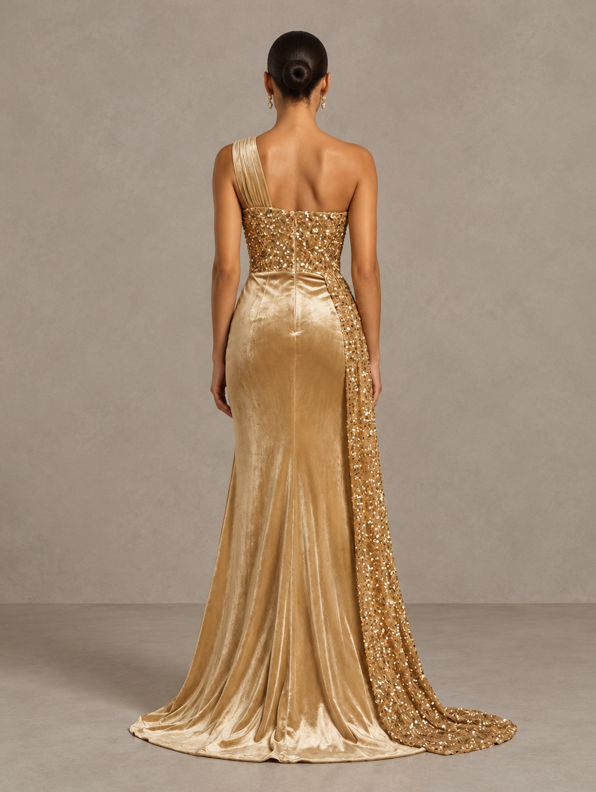 BOLODOO Gold One-Shoulder Satin Sequin Gown with High Slit 
