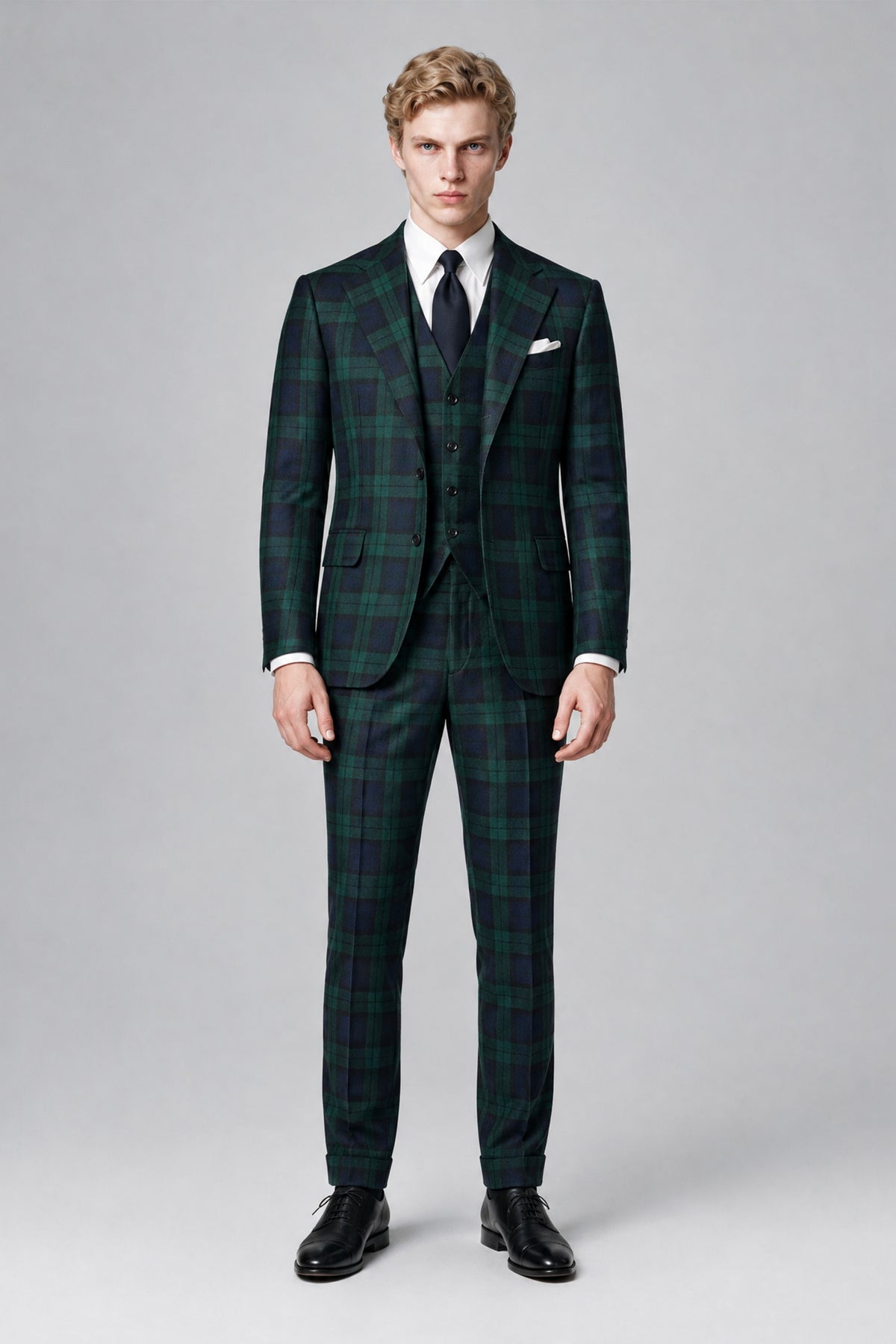 Bolodoo FQ1018 men's dark green and navy plaid three-piece suit front full-length view
