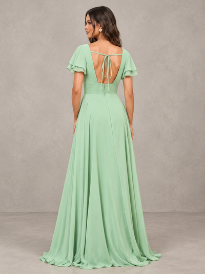 BOLODOO Sage Green Flutter Sleeve Chiffon A-Line Maxi Bridesmaid Dress with Open Back & Slit 