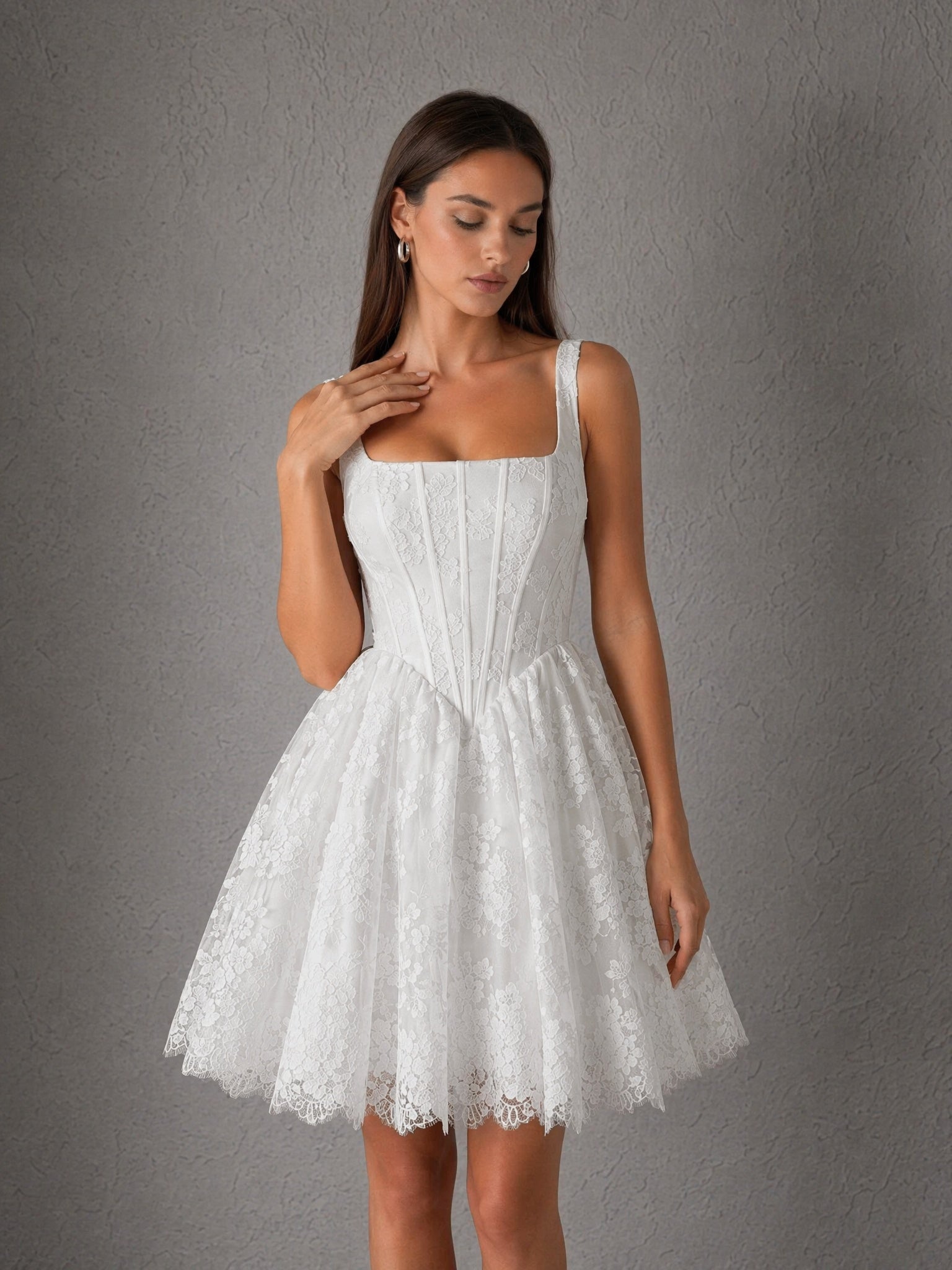 BOLODOO white lace corset mini wedding dress - front full length looking down pose