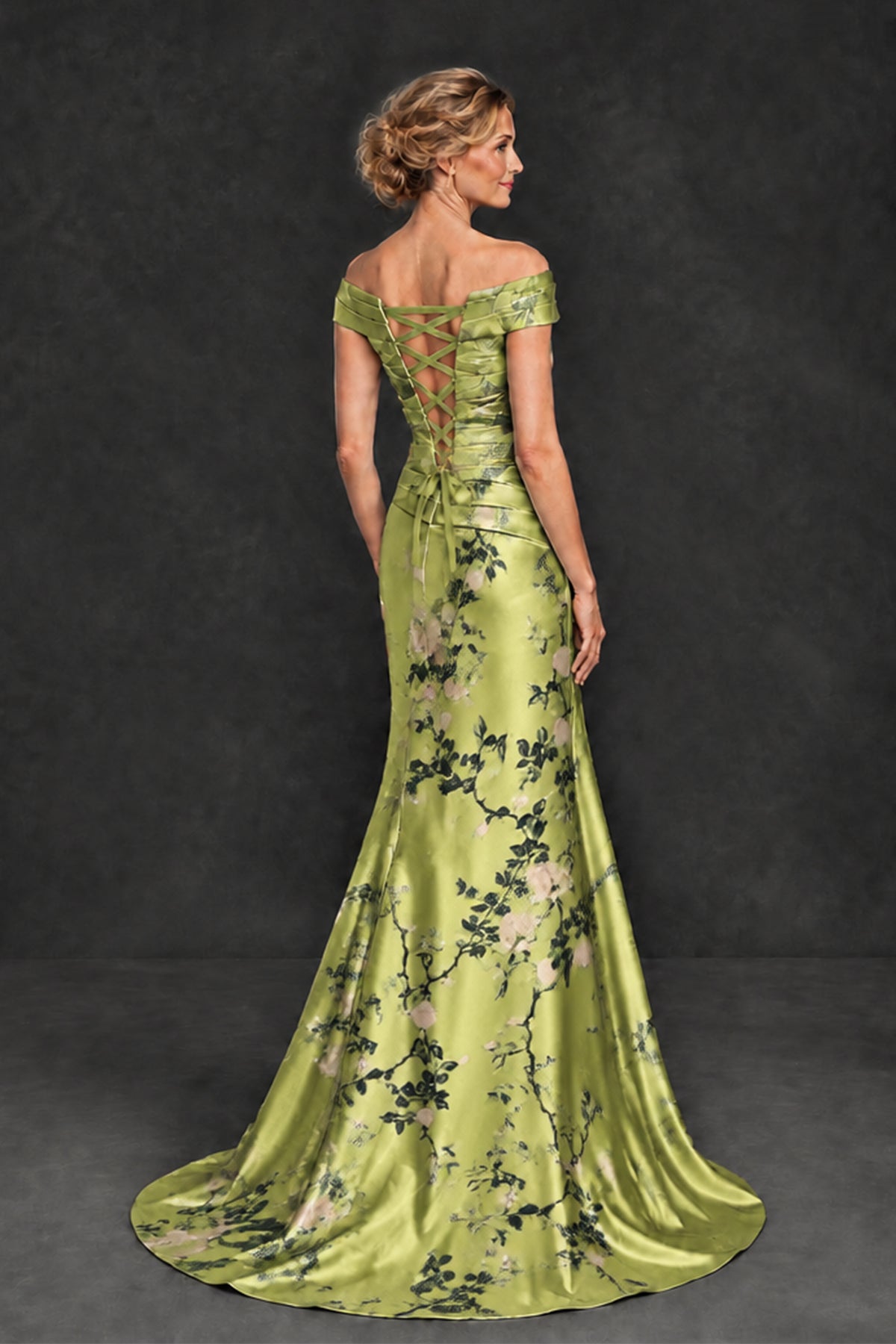BOLODOO XX091 green floral gown with open lace-up back and sweep train, back view