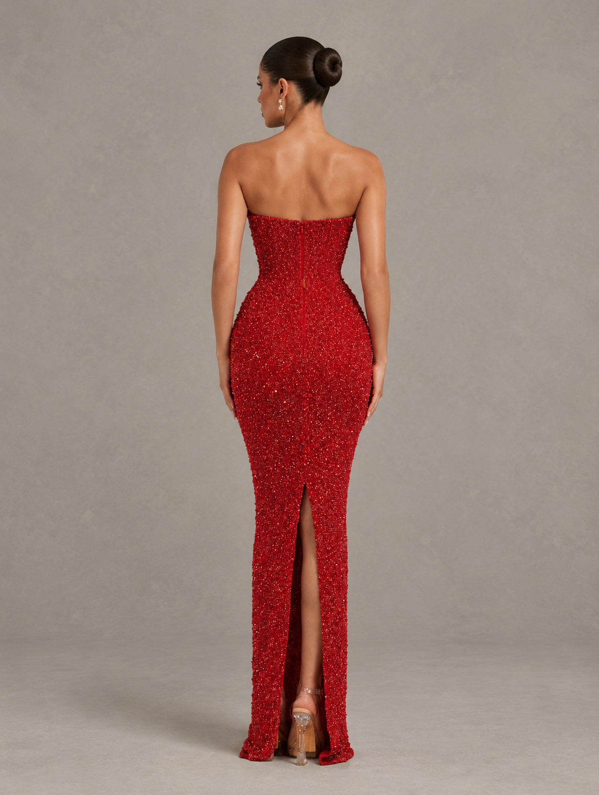 BOLODOO Red Strapless Sequin Evening Gown with Floral Neckline 