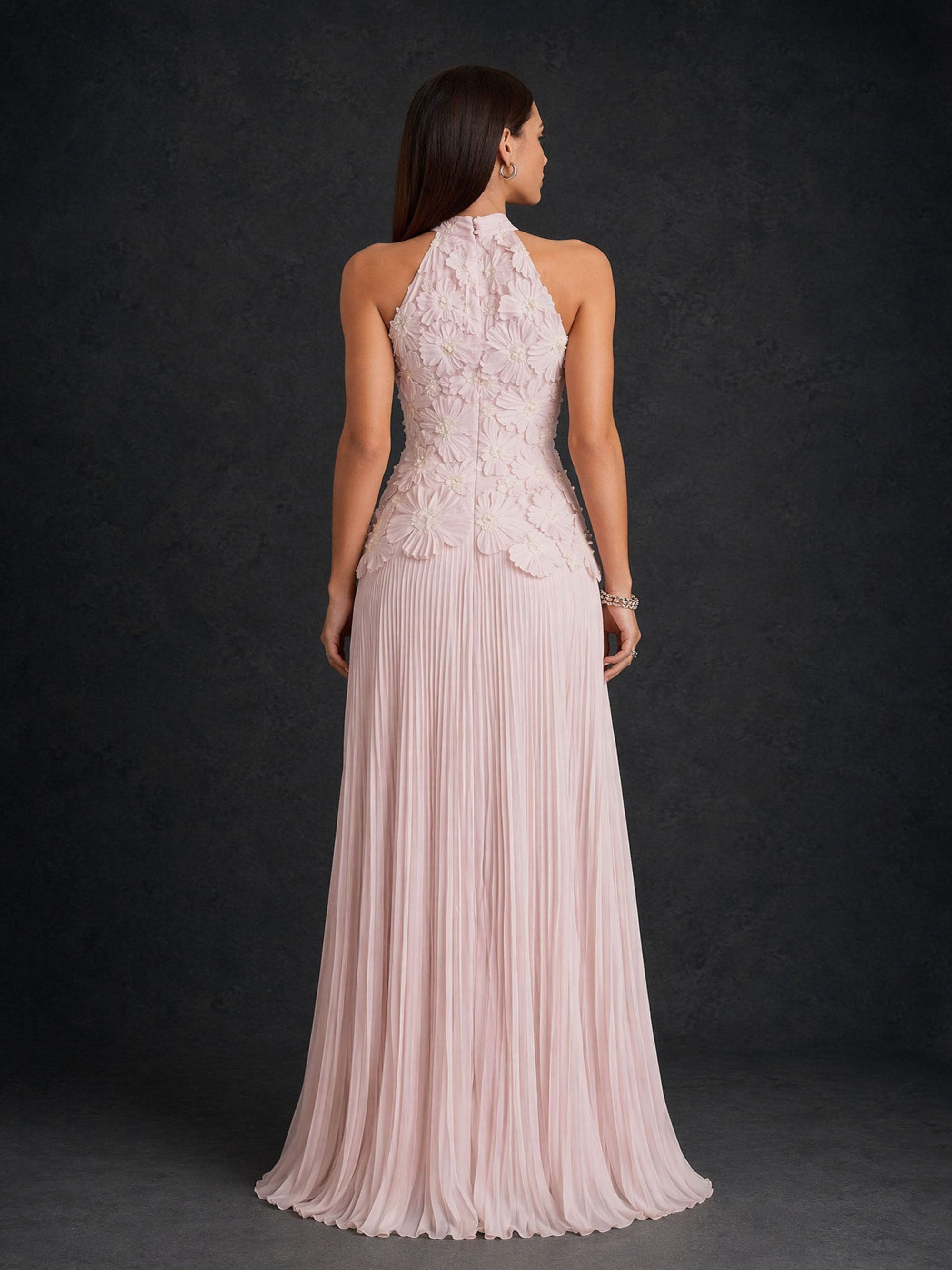 BOLODOO Blush Pink 3D Floral Halter Neck Pleated Maxi Dress - Back View showing Open Racerback