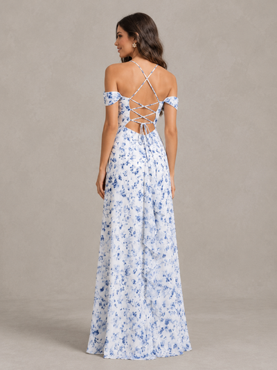 BOLODOO Blue Floral Off-Shoulder Lace-Up Bridesmaid Dress 