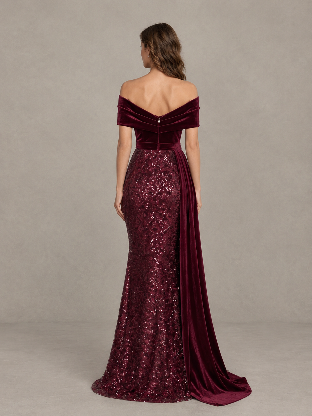 BOLODOO Burgundy Off-Shoulder Velvet & Sequin Evening Gown with Side Train 