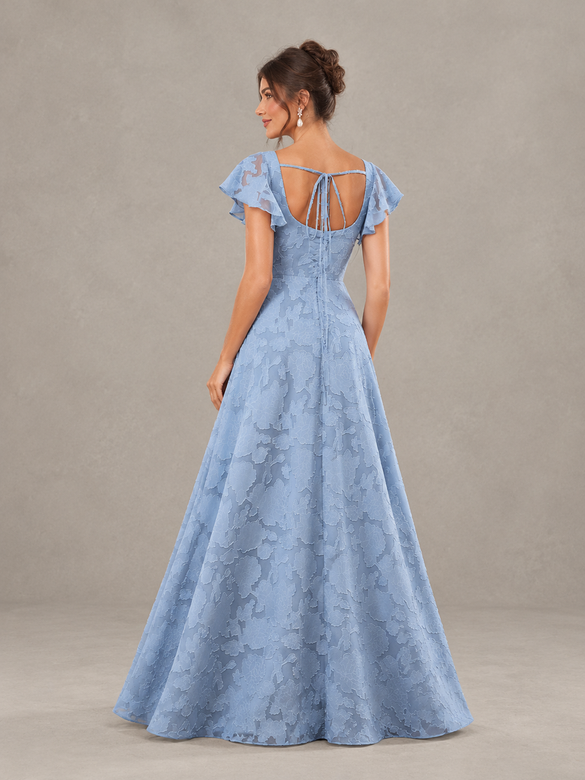 BOLODOO Dusty Blue Floral Flutter Sleeve Bridesmaid Dress with Slit 
