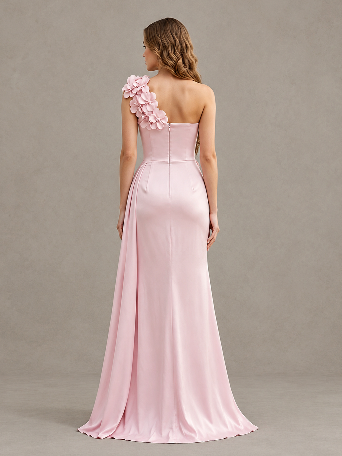 Blush pink one-shoulder gown with covered back and concealed zipper, back view