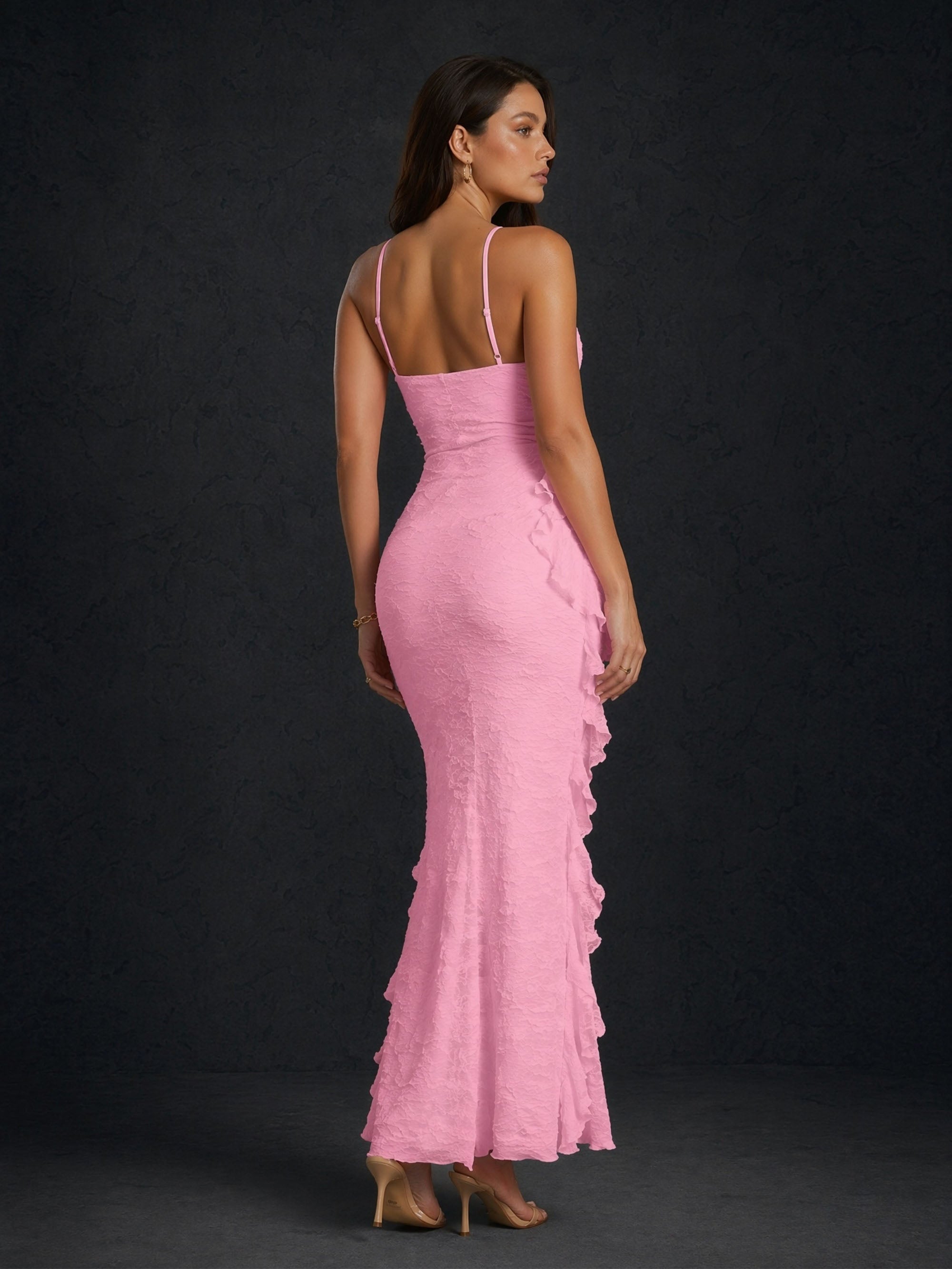 BOLODOO Pink Textured Chiffon Spaghetti Strap V-Neck Cascading Ruffle Low Open Back Mermaid Maxi Dress - Front Upper Body Close-up Showing V-Neckline and Cascading Ruffle Detail