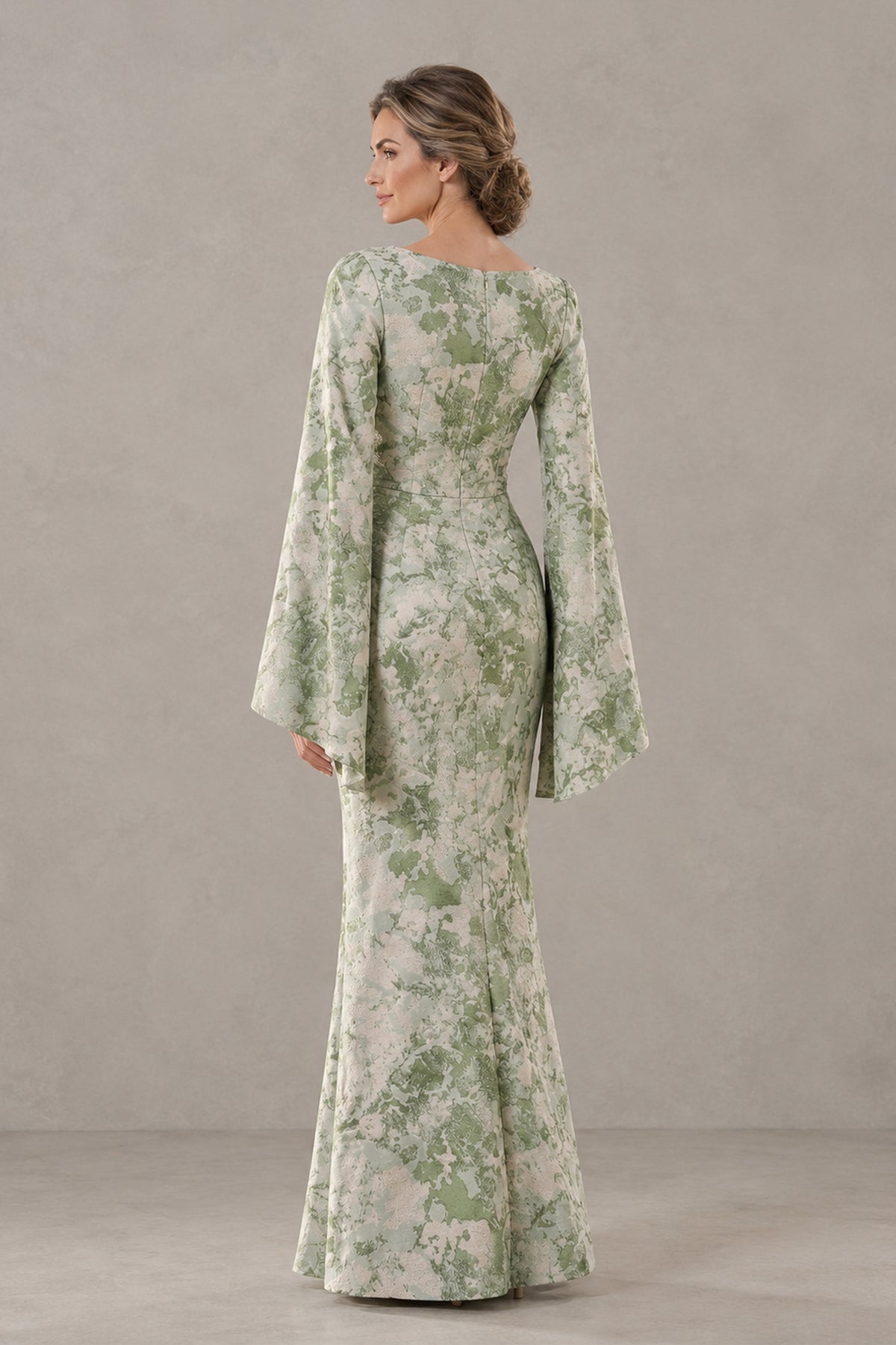 BOLODOO XX046 sage green floral floor-length gown with covered back and flared hem, back view