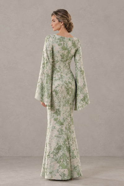 BOLODOO XX046 sage green floral floor-length gown with covered back and flared hem, back view