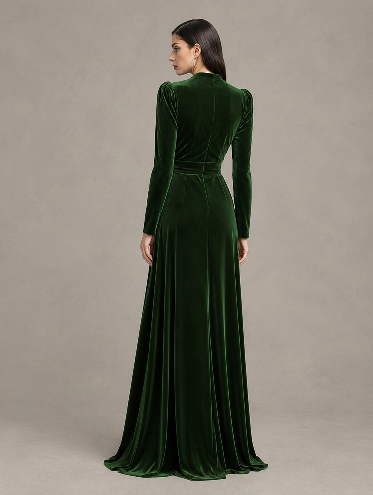 BOLODOO Dark Green Long Sleeve Velvet-Look Evening Dress with High Slit 