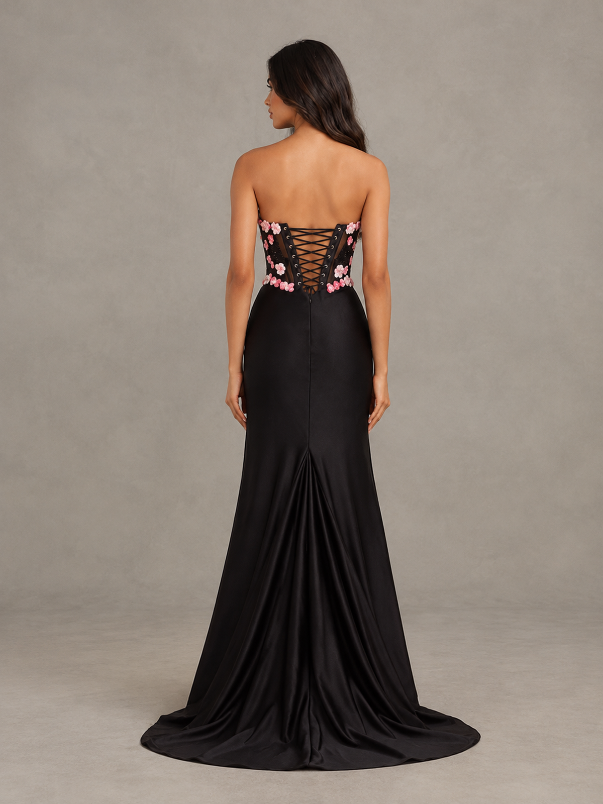 Black Strapless Floral Applique Prom Dress with High Slit 