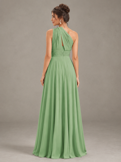 BOLODOO Sage Green One-Shoulder Chiffon-Look Bridesmaid Dress 