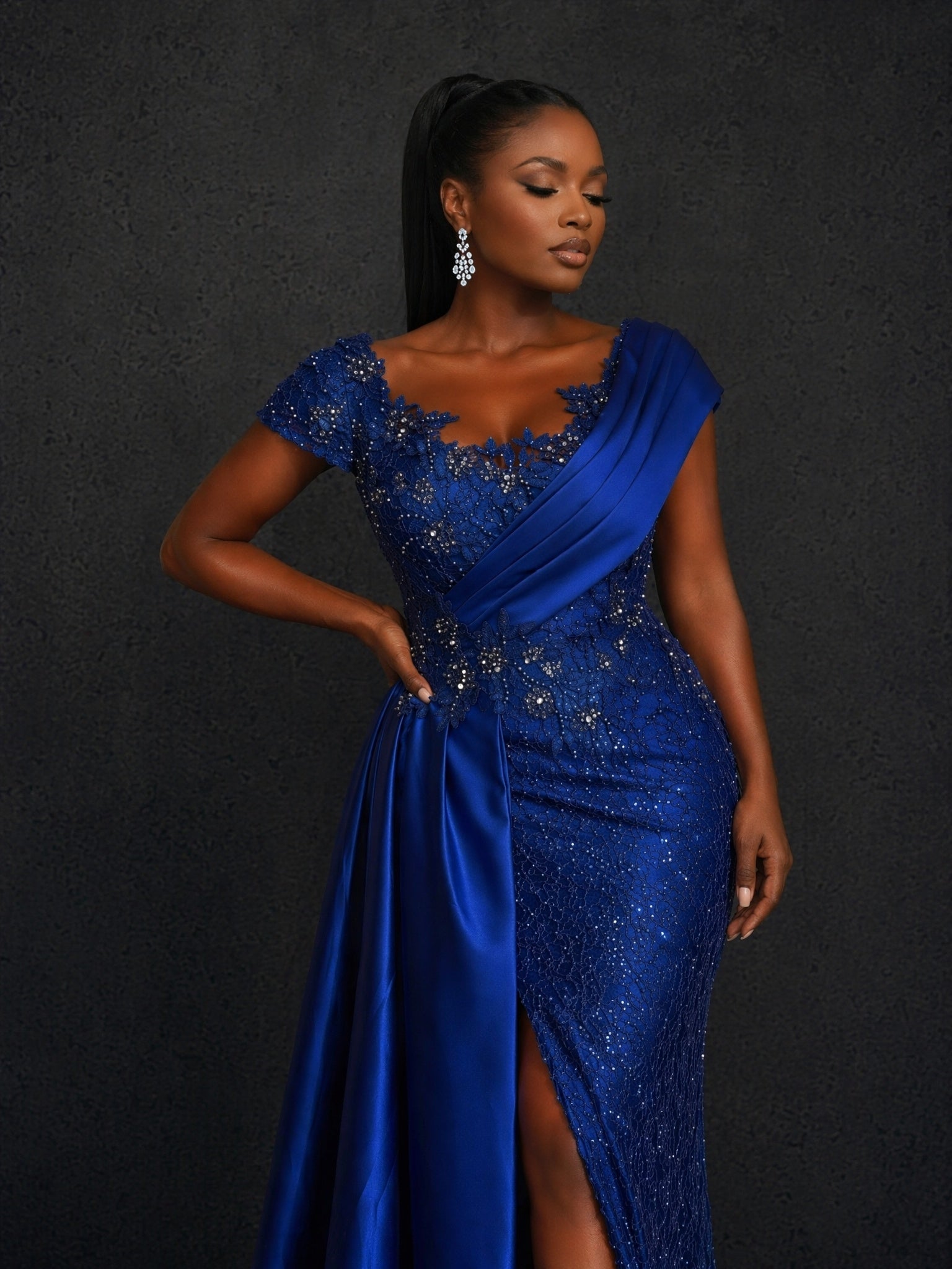 BOLODOO royal blue sequin lace cap sleeve mermaid maxi dress - three-quarter front view showing bodice detail