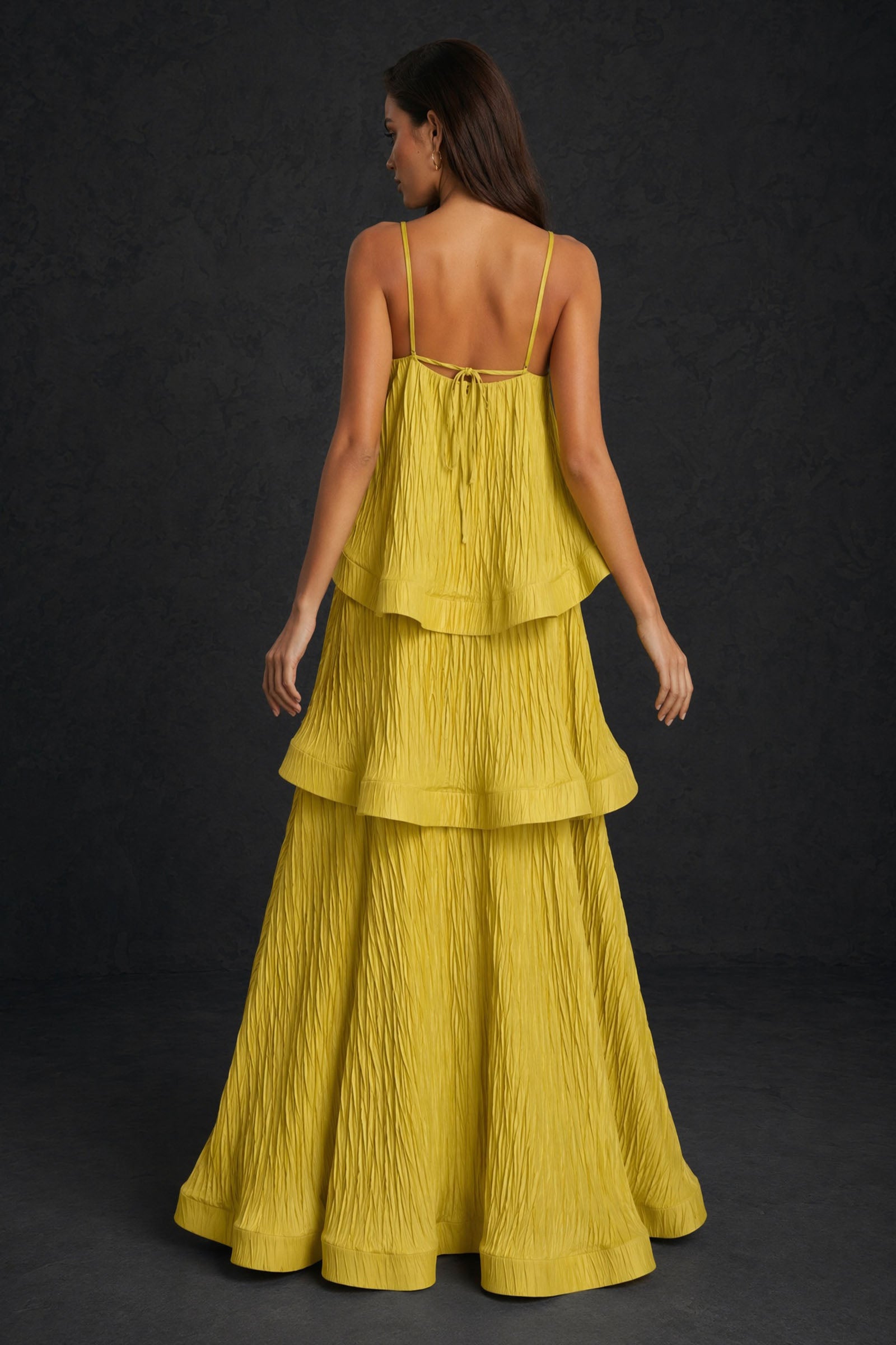 BOLODOO chartreuse yellow crinkle spaghetti strap tiered ruffle A-line backless maxi dress - back view showing open tie-back