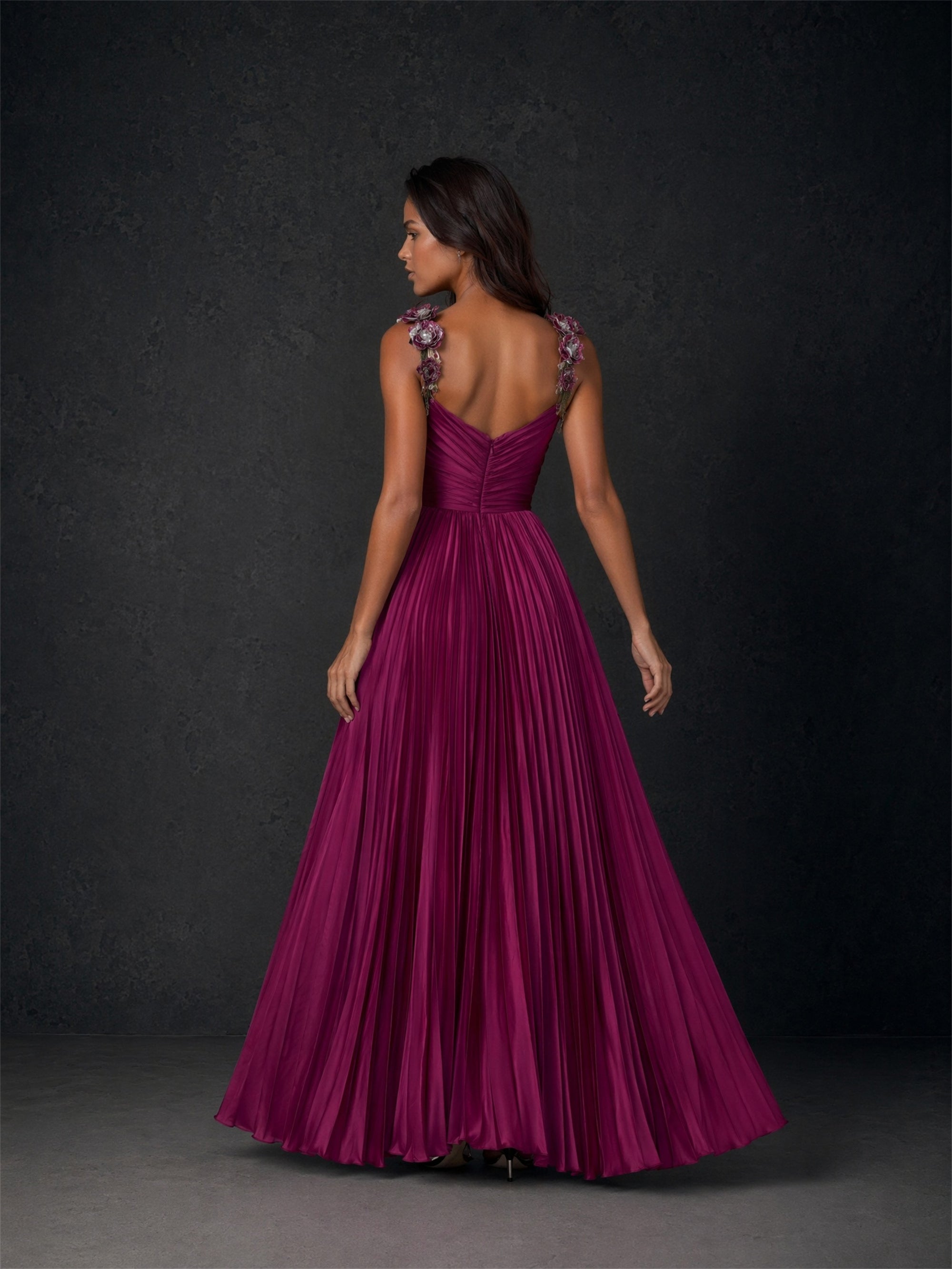 BOLODOO magenta pleated chiffon 3D rose strap gown - front view showing sweetheart V-neckline and full pleated skirt with side slit