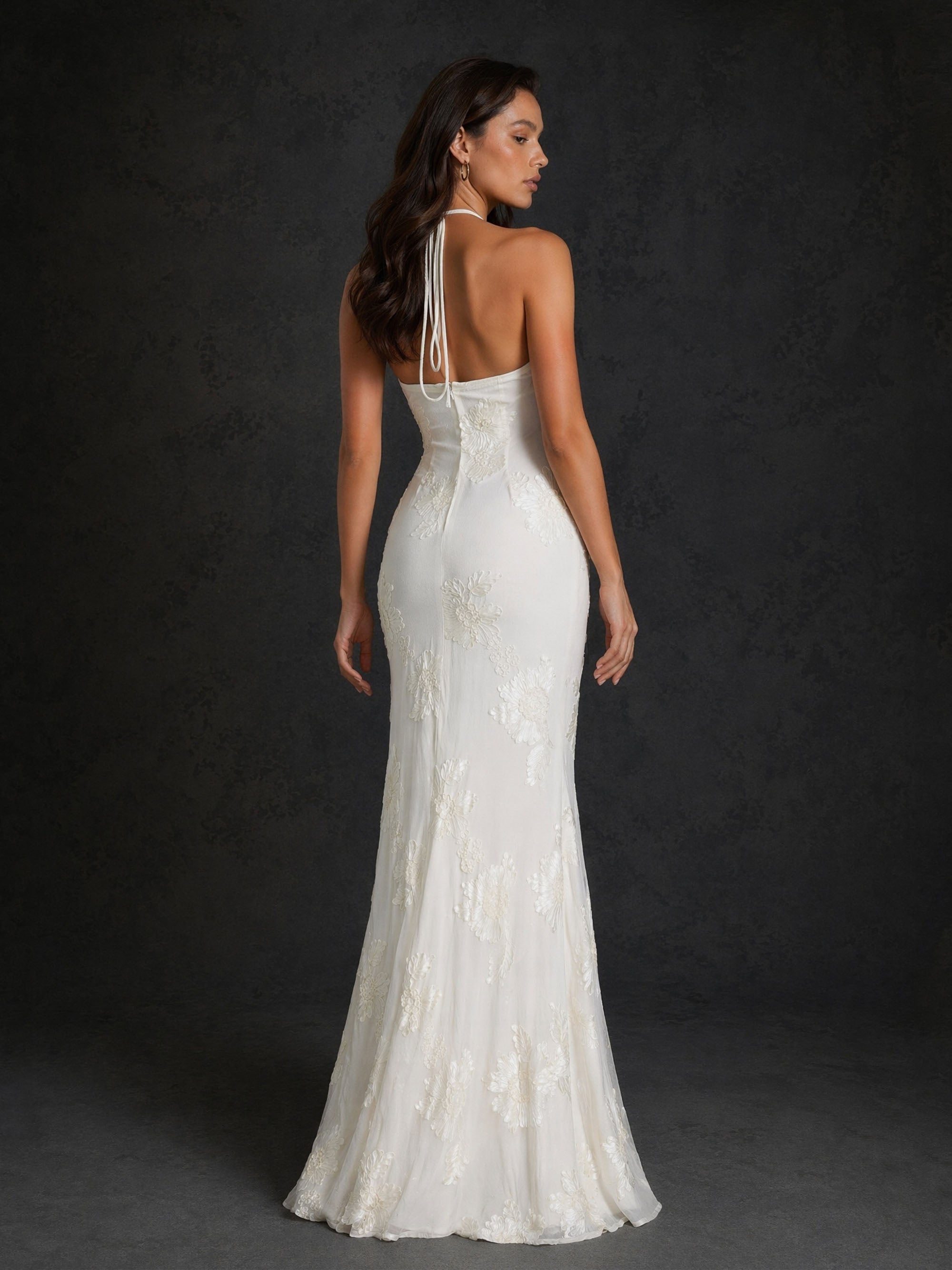 BOLODOO Ivory Tonal Floral Embroidered Mesh Halter Neck 3D Floral Corsage Open Back Mermaid Wedding Dress - Front Full Length Standing View