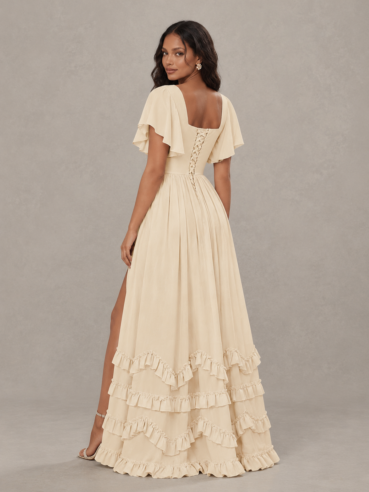 BOLODOO Champagne V-Neck Flutter Sleeve Ruffle Bridesmaid Dress with Slit 